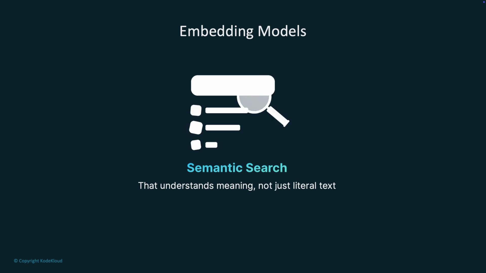 The image is a graphic about "Embedding Models," focusing on "Semantic Search" that emphasizes understanding meaning beyond literal text. It includes an icon of a magnifying glass over a list.