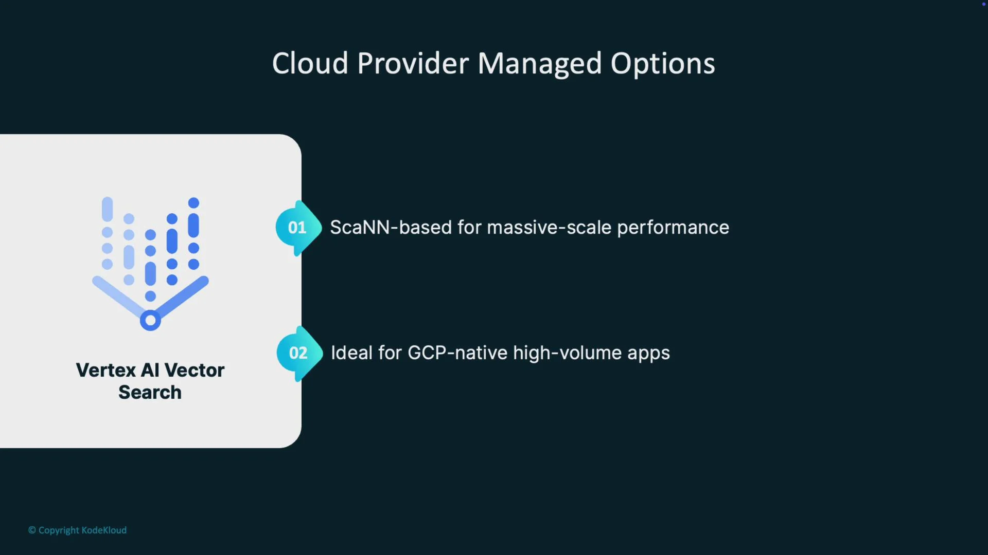 The image is an informational graphic about "Vertex AI Vector Search" as a cloud provider managed option, highlighting its ScaNN-based massive-scale performance and suitability for Google Cloud Platform-native high-volume applications.