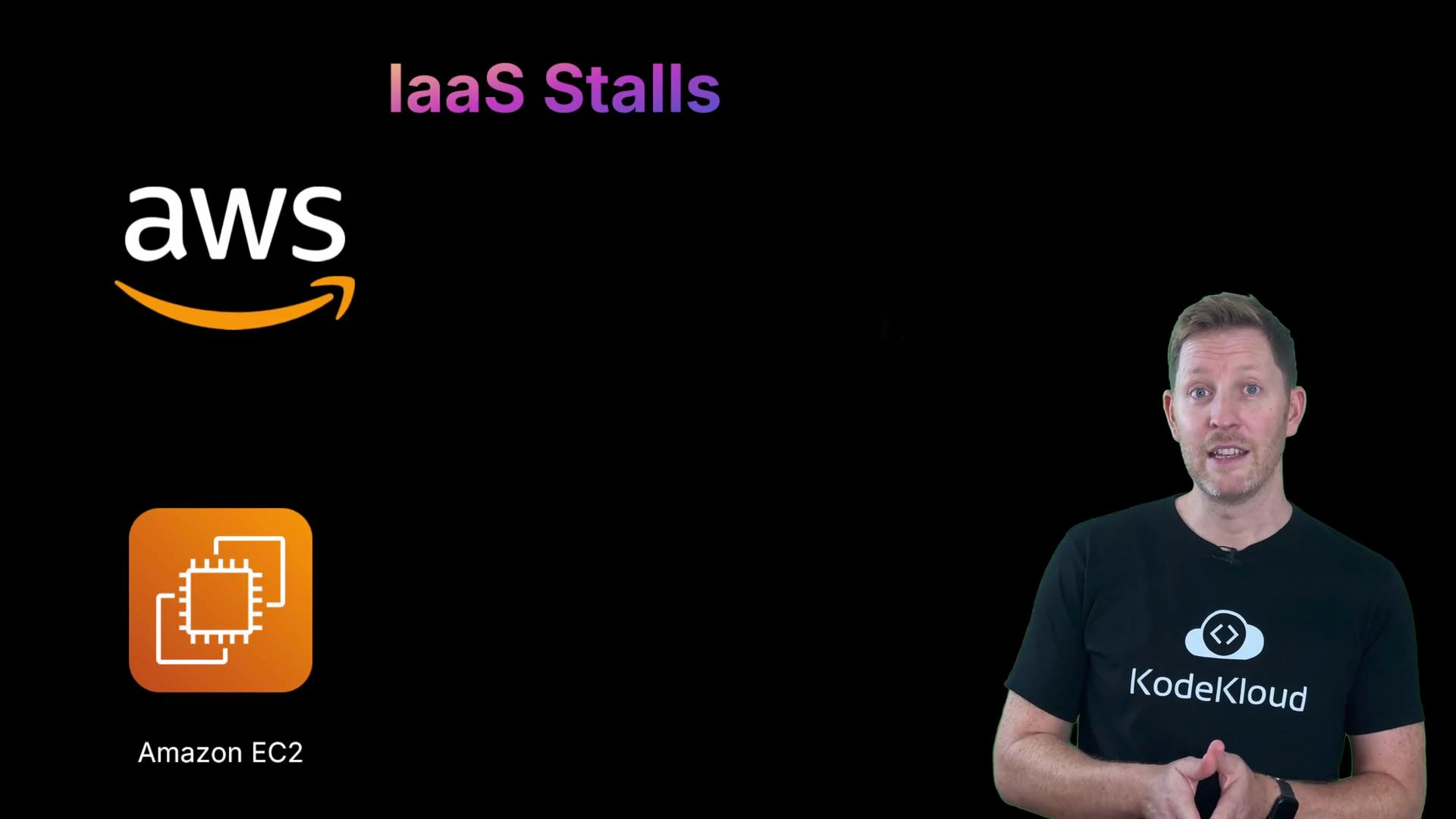 A presentation slide titled "IaaS Stalls" with the AWS logo and an Amazon EC2 icon on a black background. A person wearing a KodeKloud t-shirt stands at the right speaking to the camera.