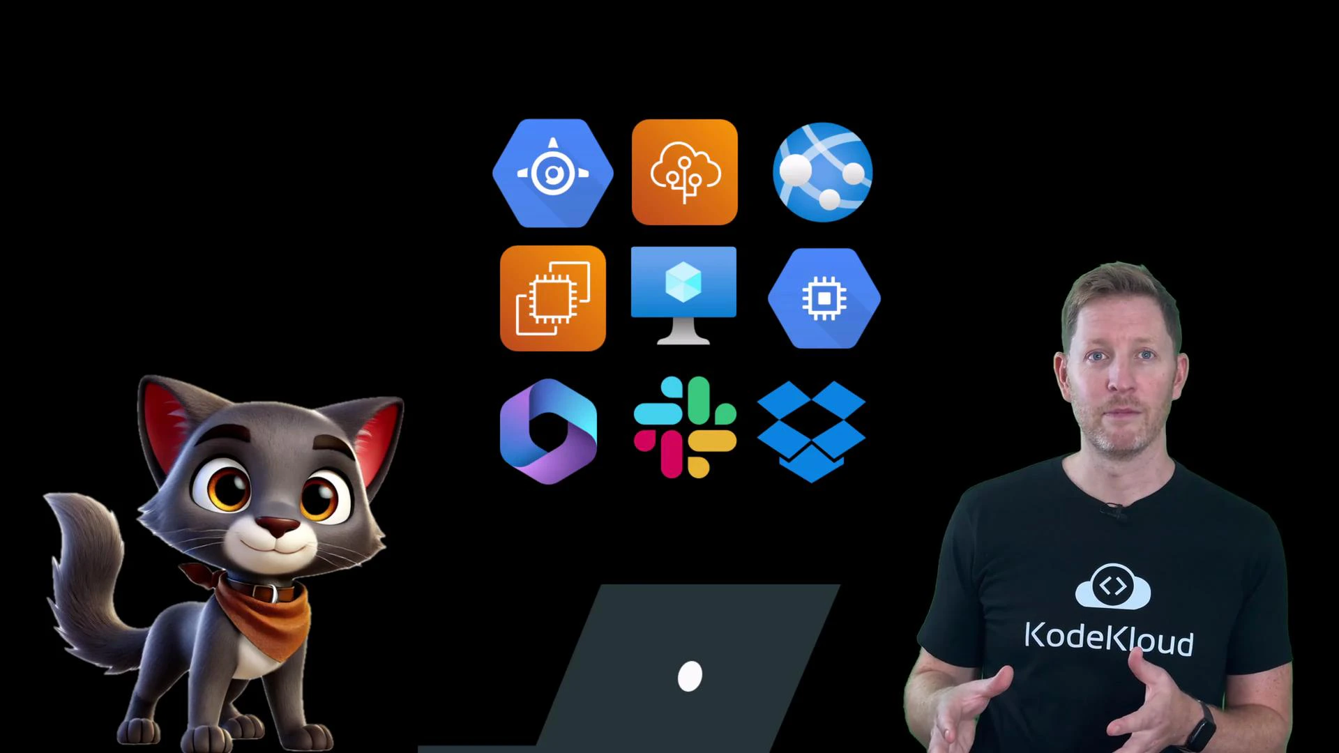 A man wearing a KodeKloud t-shirt stands on the right and a cute cartoon gray cat poses on the left. Between them are a laptop silhouette and a grid of cloud, developer and collaboration app icons on a black background.