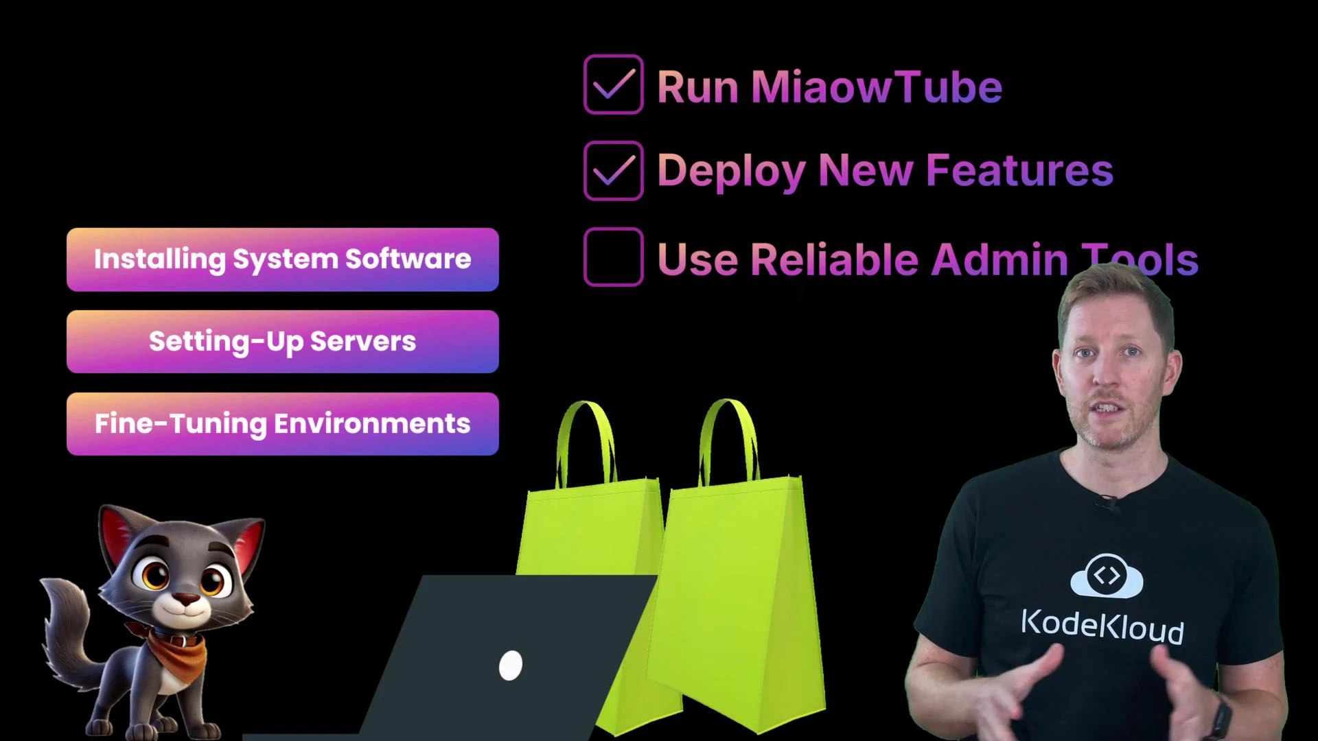 A presenter wearing a KodeKloud t-shirt stands next to a slide with checklist items like "Run MiaowTube" and "Deploy New Features." The slide also shows colorful buttons for server tasks, a cartoon cat, a laptop and two shopping bags.