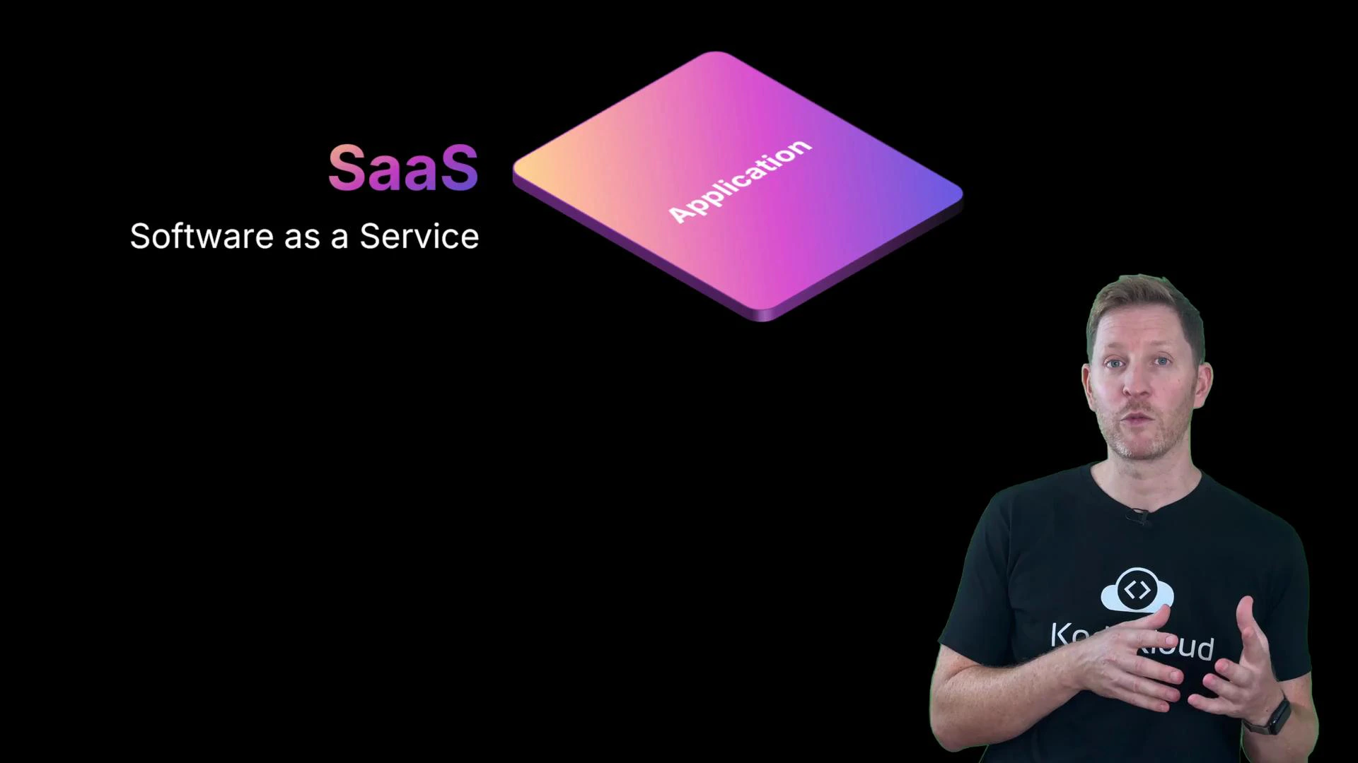 A presentation slide that reads "SaaS — Software as a Service" with a purple gradient 3D tile labeled "Application." A presenter stands on the right, gesturing while speaking.