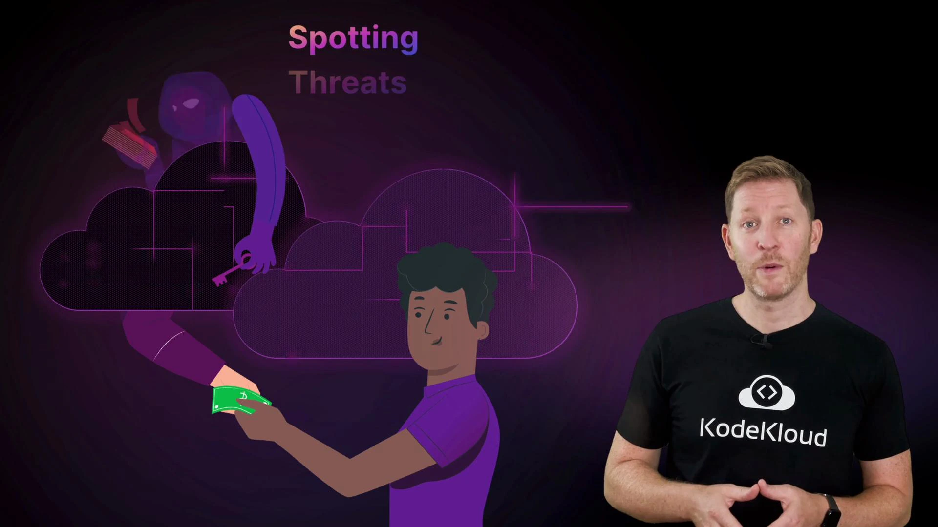 A presenter stands on the right wearing a KodeKloud shirt, speaking against a dark purple background. On the left is an illustration of a cloud with a shadowy figure reaching for a key and a person handing over cash, with the title "Spotting Threats."