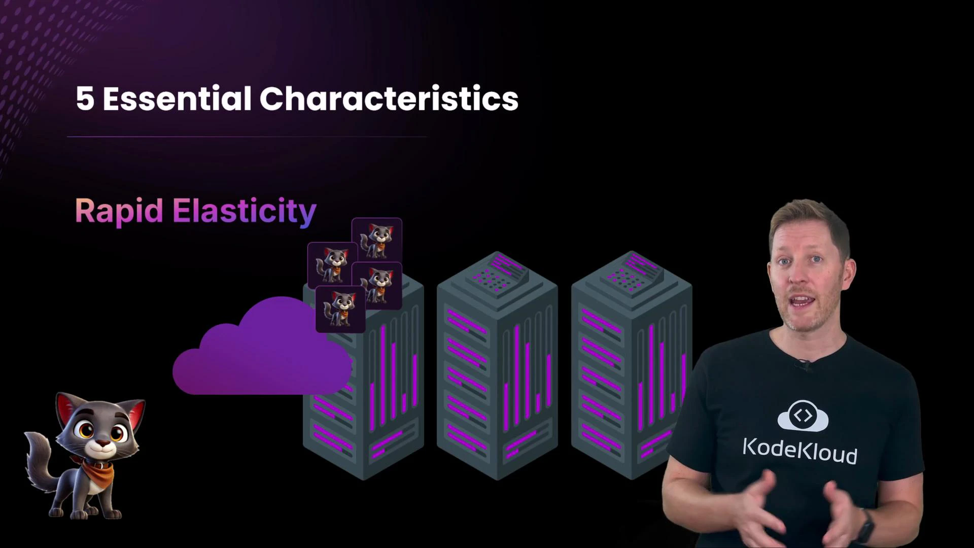 A presenter wearing a KodeKloud t-shirt stands to the right of a slide titled "5 Essential Characteristics" that highlights "Rapid Elasticity" with cloud and server rack graphics. The slide also features a cute cartoon cat character and purple-themed visuals.