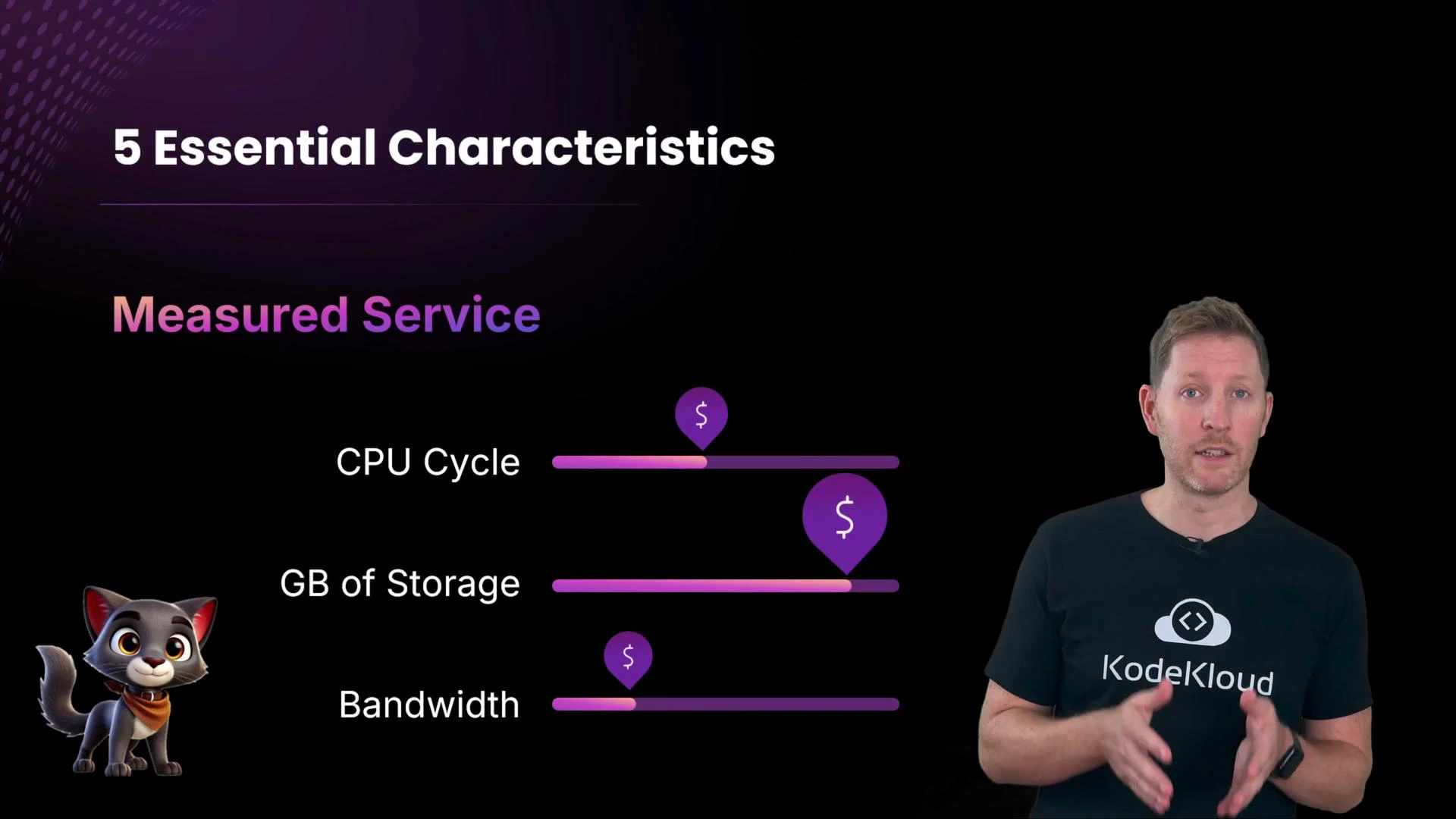A presentation slide titled "5 Essential Characteristics" showing "Measured Service" with progress bars for CPU Cycle, GB of Storage, and Bandwidth. A presenter wearing a KodeKloud t‑shirt stands on the right and a small cartoon cat is at the bottom left.