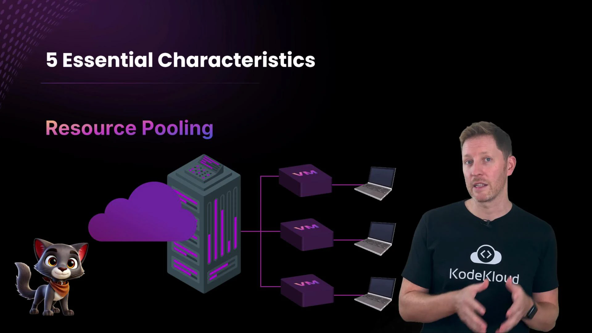 A presentation slide titled "5 Essential Characteristics" highlighting "Resource Pooling" with a cloud/server diagram connecting VMs to laptops and a small cartoon cat on the left. A presenter wearing a KodeKloud t-shirt gestures on the right.