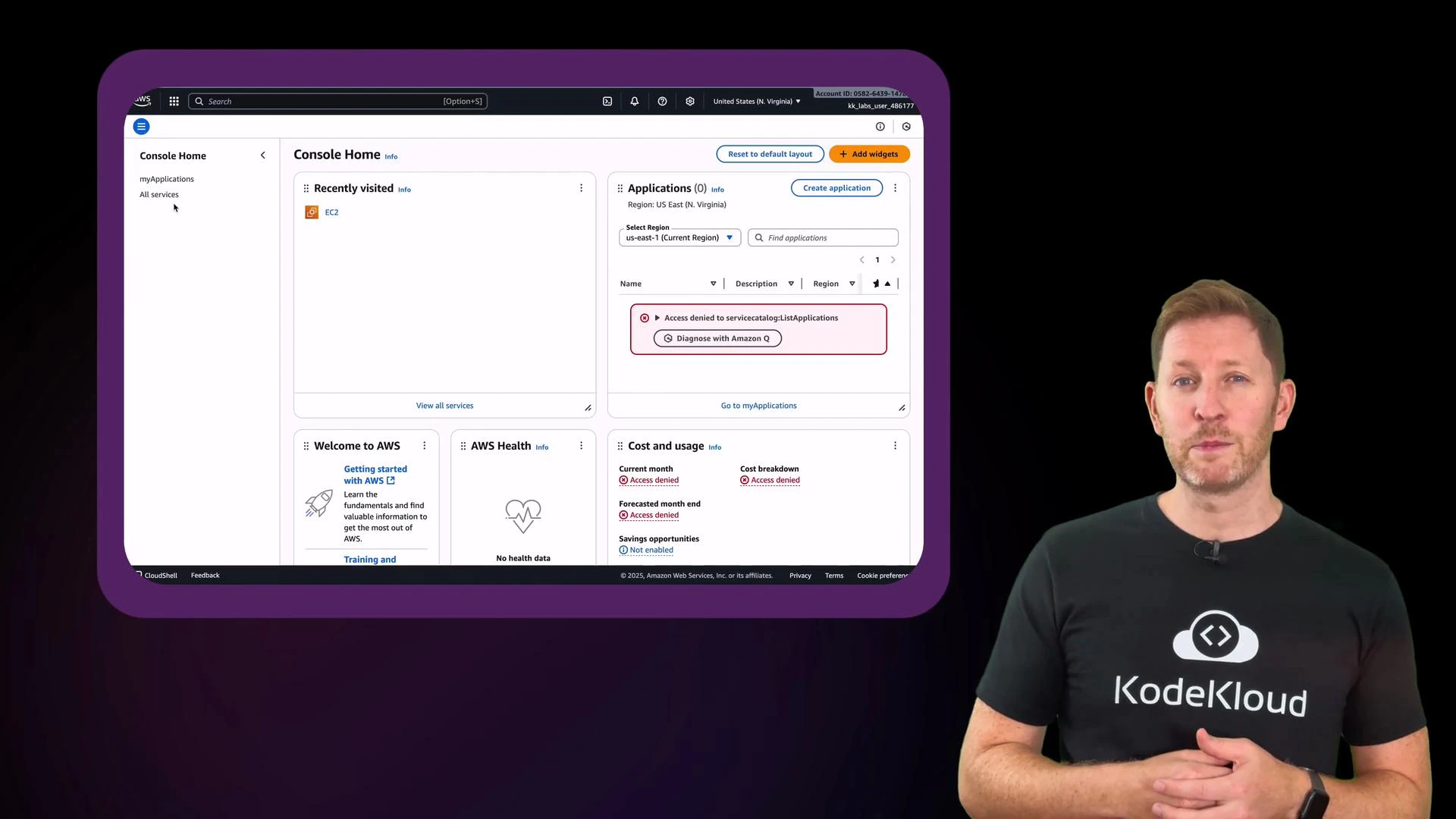 A person stands on the right wearing a black KodeKloud t-shirt, appearing to present. On the left is a large framed screen showing an AWS Console dashboard with "Access denied" messages.