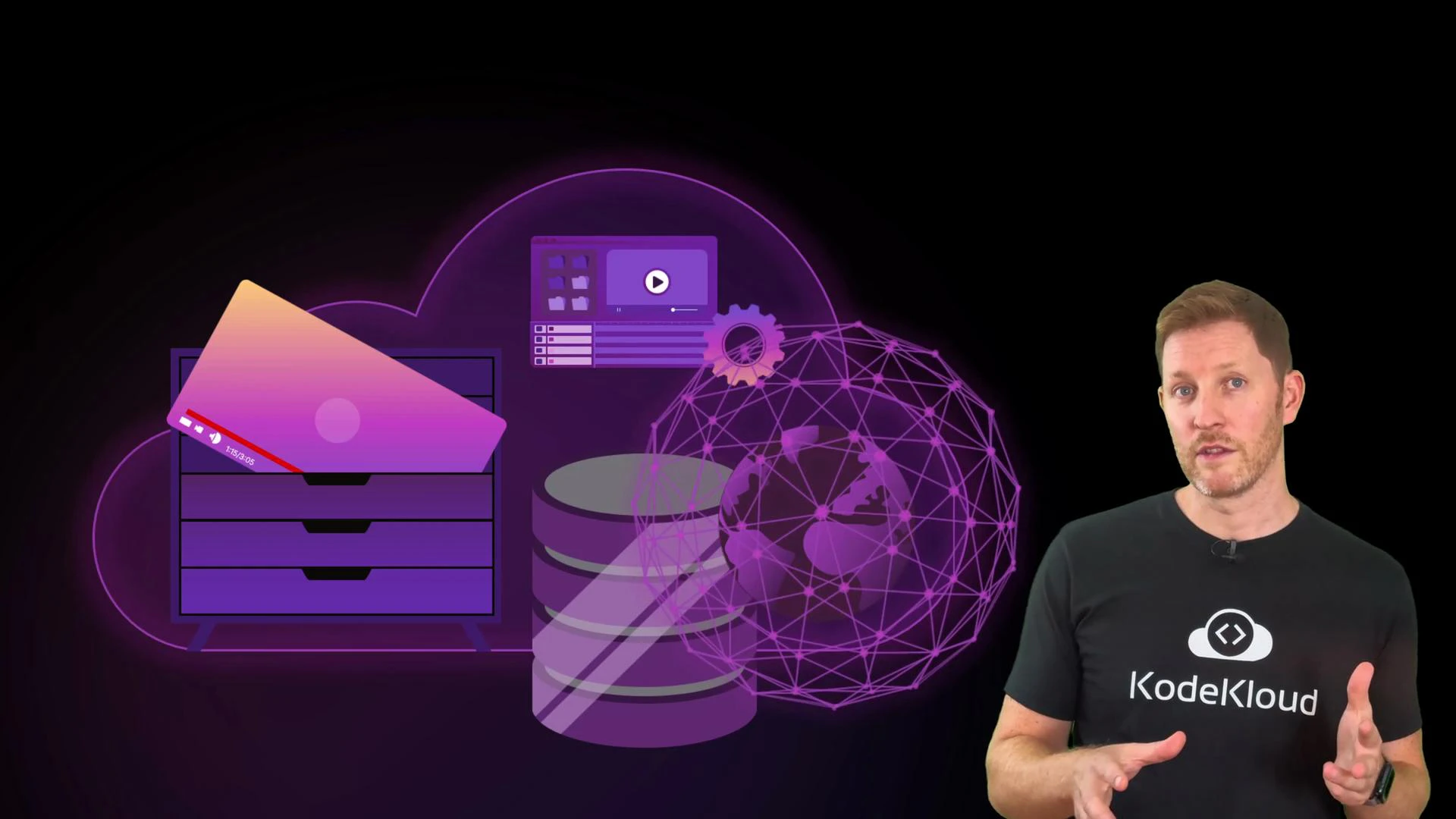 A person wearing a KodeKloud t-shirt stands on the right, gesturing as if explaining something. On the left are purple cloud-computing graphics including a server drawer, stacked disks, a globe-style network, and UI icons.
