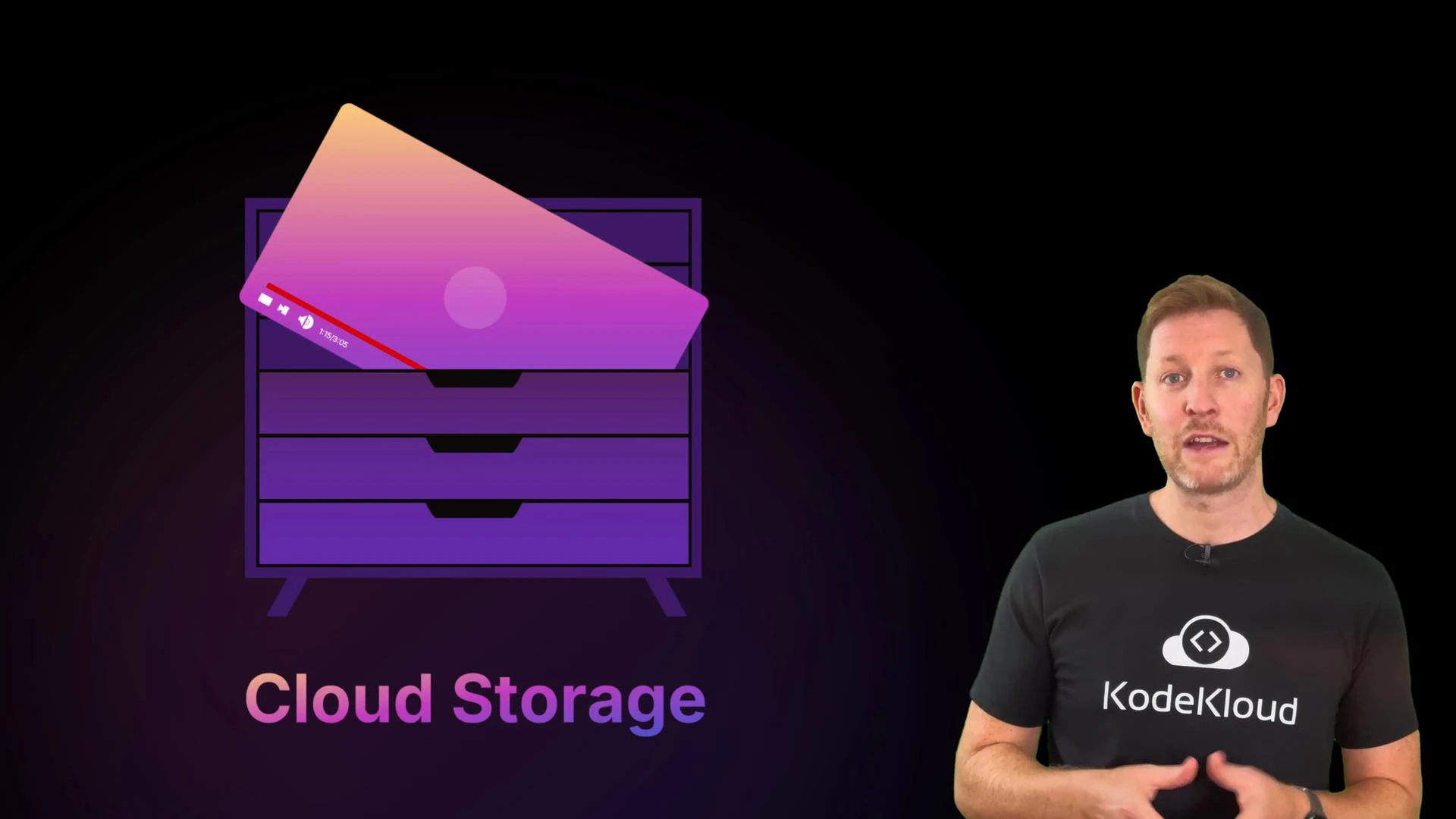 A presenter wearing a KodeKloud t-shirt stands against a black background. To his left is a purple stylized drawer icon with a gradient file and the label "Cloud Storage."