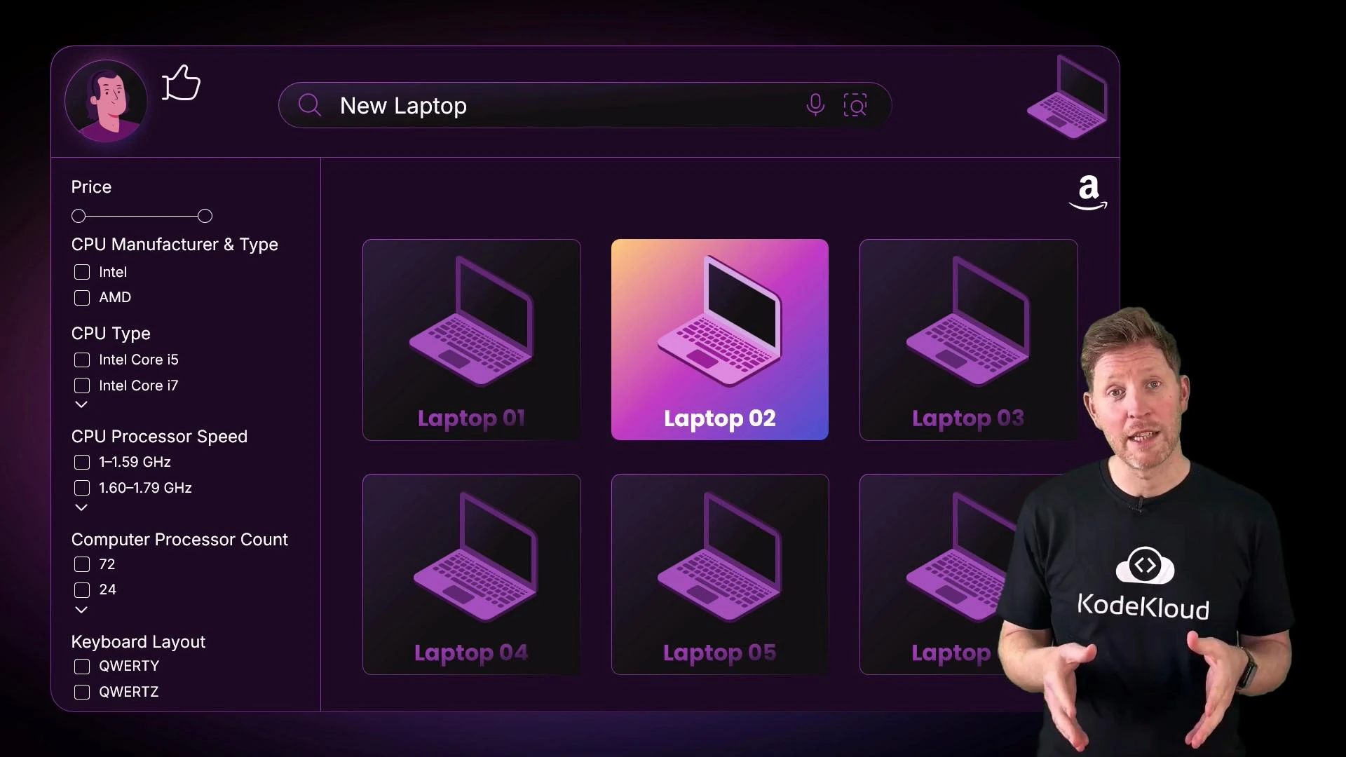 A presenter stands on the right wearing a "KodeKloud" shirt. To the left is a dark purple product page titled "New Laptop" with filter controls and a grid of stylized laptop cards, with "Laptop 02" highlighted.