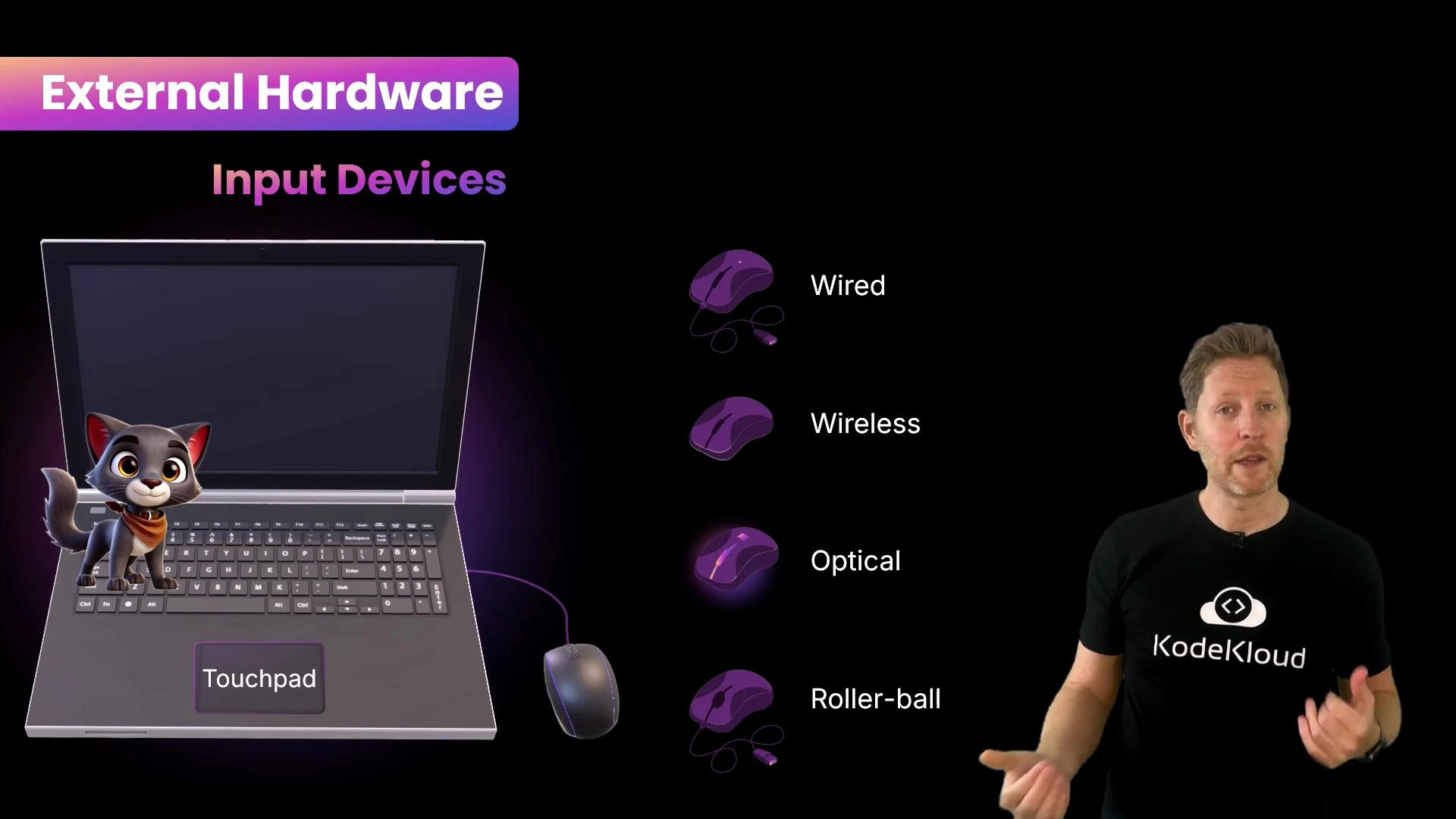 A presentation slide showing a laptop with a labeled touchpad and a cartoon cat, alongside icons of different mouse types labeled "Wired," "Wireless," "Optical," and "Roller-ball." A presenter stands to the right explaining external input hardware.