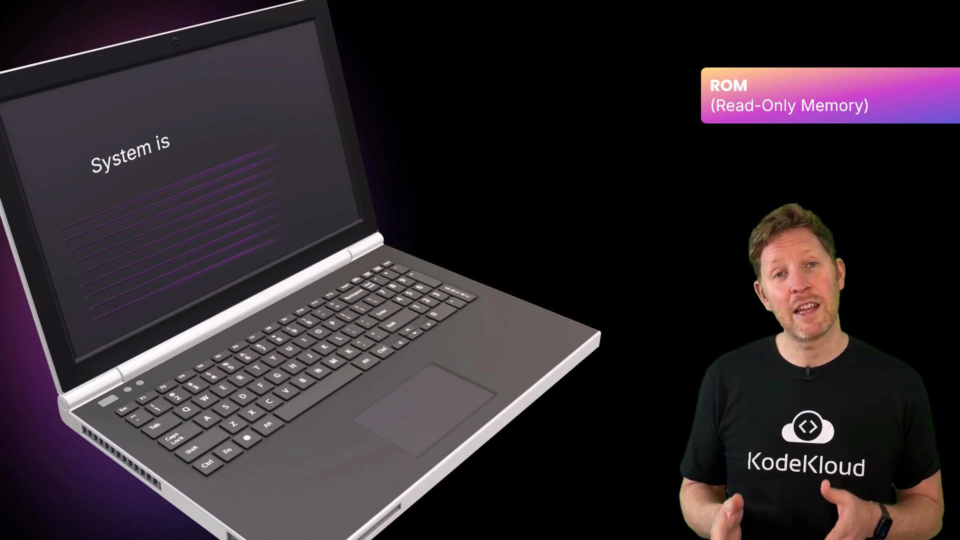 A presenter wearing a KodeKloud t-shirt stands next to a large laptop graphic whose screen reads "System is." A label in the corner says "ROM (Read‑Only Memory)."