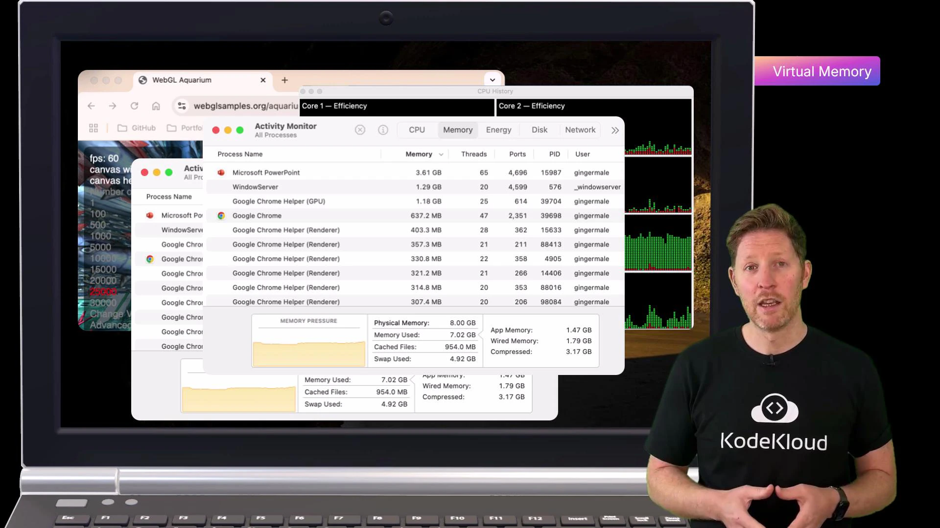 A person wearing a black KodeKloud t-shirt stands to the right of a laptop screen. The laptop display shows multiple system performance windows, including Activity Monitor and CPU/memory graphs.