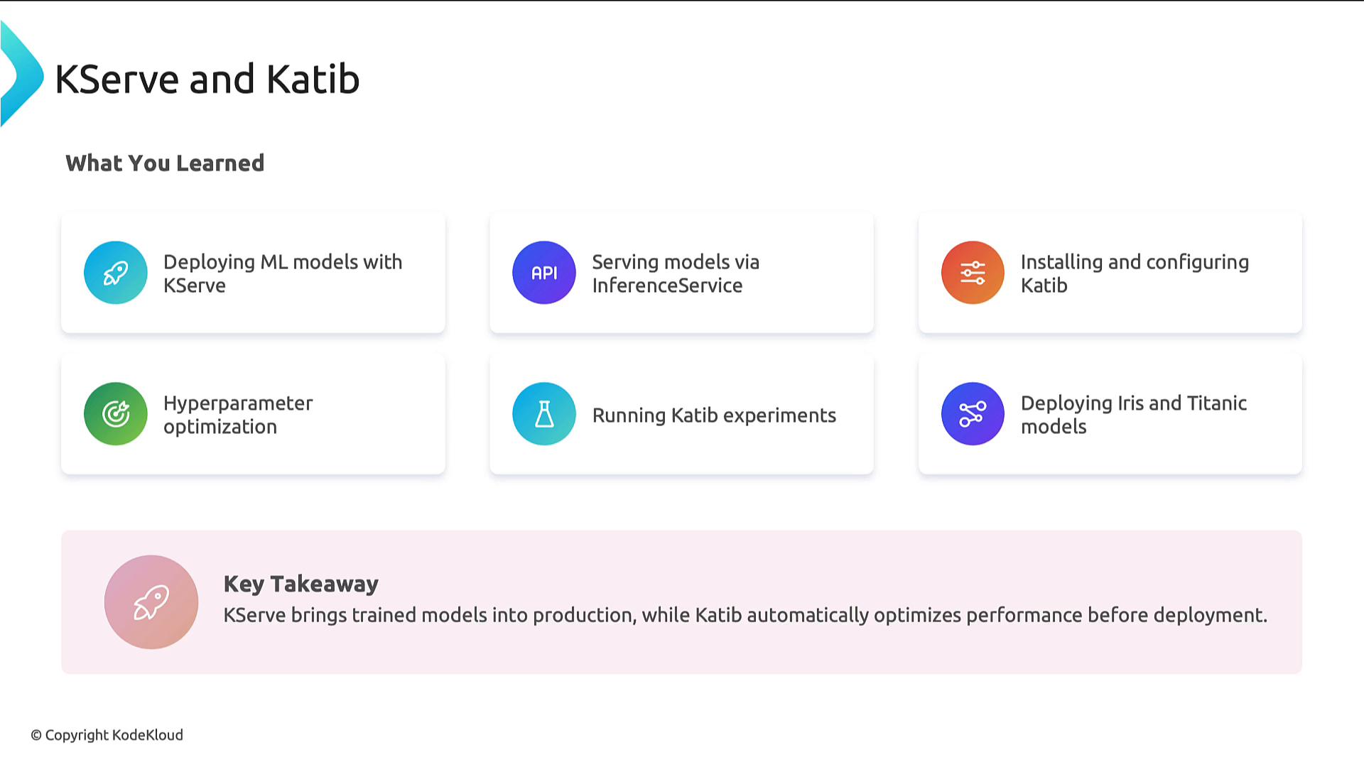 A presentation slide titled "KServe and Katib" showing a "What You Learned" summary with six topic cards (e.g., deploying ML models with KServe, serving via InferenceService, installing/configuring Katib, hyperparameter optimization, running Katib experiments, and deploying Iris/Titanic models). A pink "Key Takeaway" box notes that KServe brings trained models into production while Katib optimizes performance before deployment.