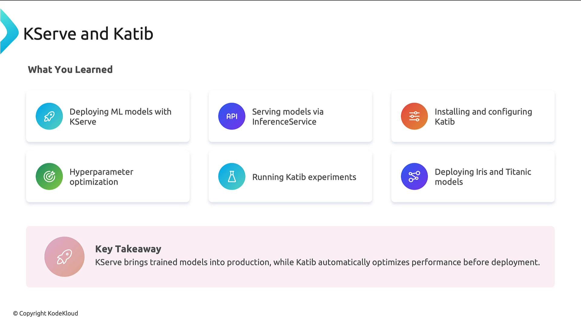 A presentation slide titled "KServe and Katib" showing a "What You Learned" summary with six topic cards (e.g., deploying ML models with KServe, serving via InferenceService, installing/configuring Katib, hyperparameter optimization, running Katib experiments, and deploying Iris/Titanic models). A pink "Key Takeaway" box notes that KServe brings trained models into production while Katib optimizes performance before deployment.