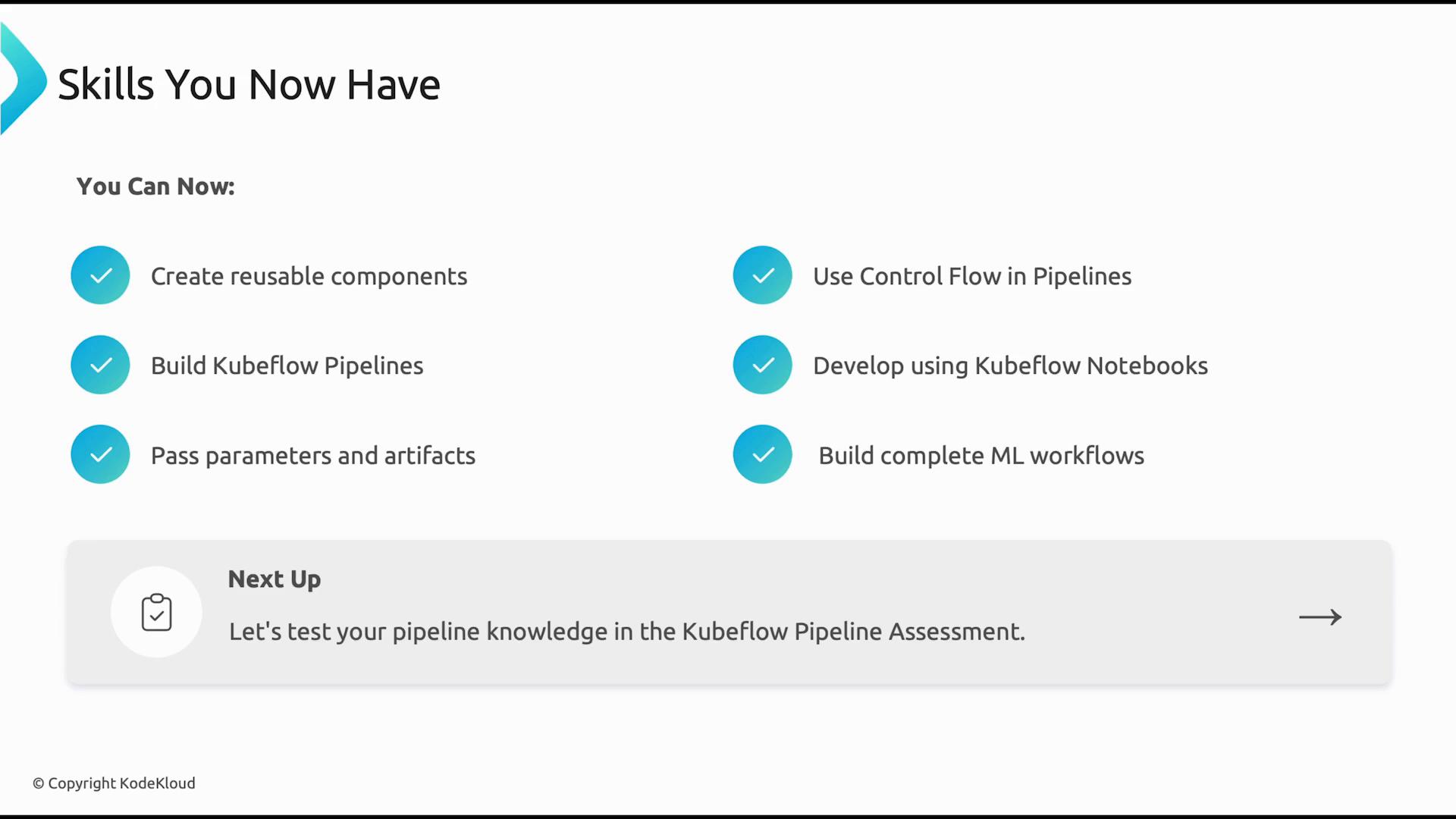 A slide titled "Skills You Now Have" showing six checked Kubeflow-related skills (creating reusable components, building pipelines, passing parameters and artifacts, using control flow, developing with notebooks, and building complete ML workflows). A "Next Up" box below mentions testing pipeline knowledge in a Kubeflow Pipeline Assessment.