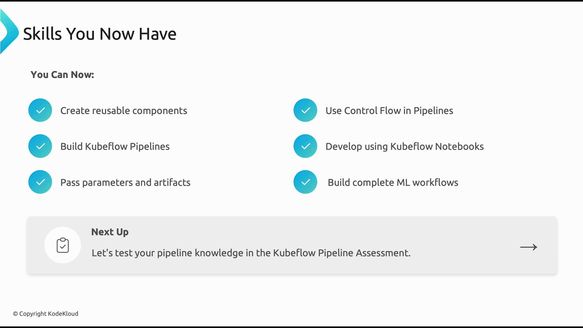 A slide titled "Skills You Now Have" showing six checked Kubeflow-related skills (creating reusable components, building pipelines, passing parameters and artifacts, using control flow, developing with notebooks, and building complete ML workflows). A "Next Up" box below mentions testing pipeline knowledge in a Kubeflow Pipeline Assessment.