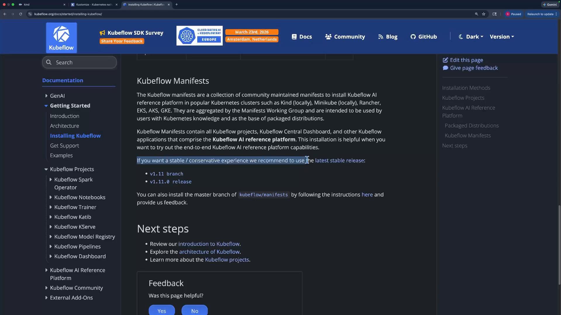 A screenshot of the Kubeflow documentation page titled "Kubeflow Manifests" in dark mode, showing the left navigation menu and main content about installation and recommended stable releases. The top bar displays the Kubeflow logo and site navigation.