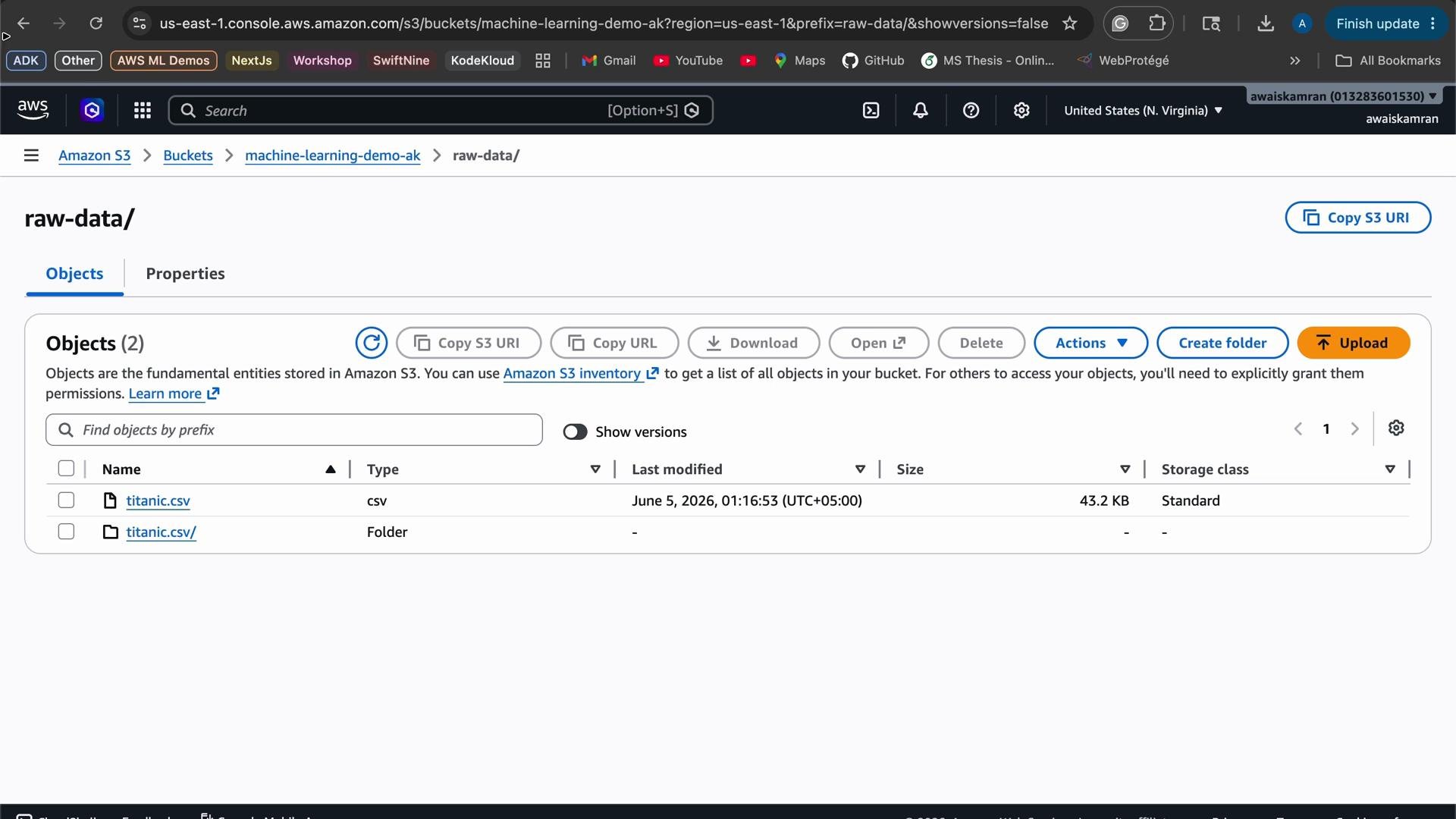 The image shows an Amazon S3 console with a bucket named "machine-learning-demo-ak" containing two objects: a CSV file named "titanic.csv" and a folder with the same name.