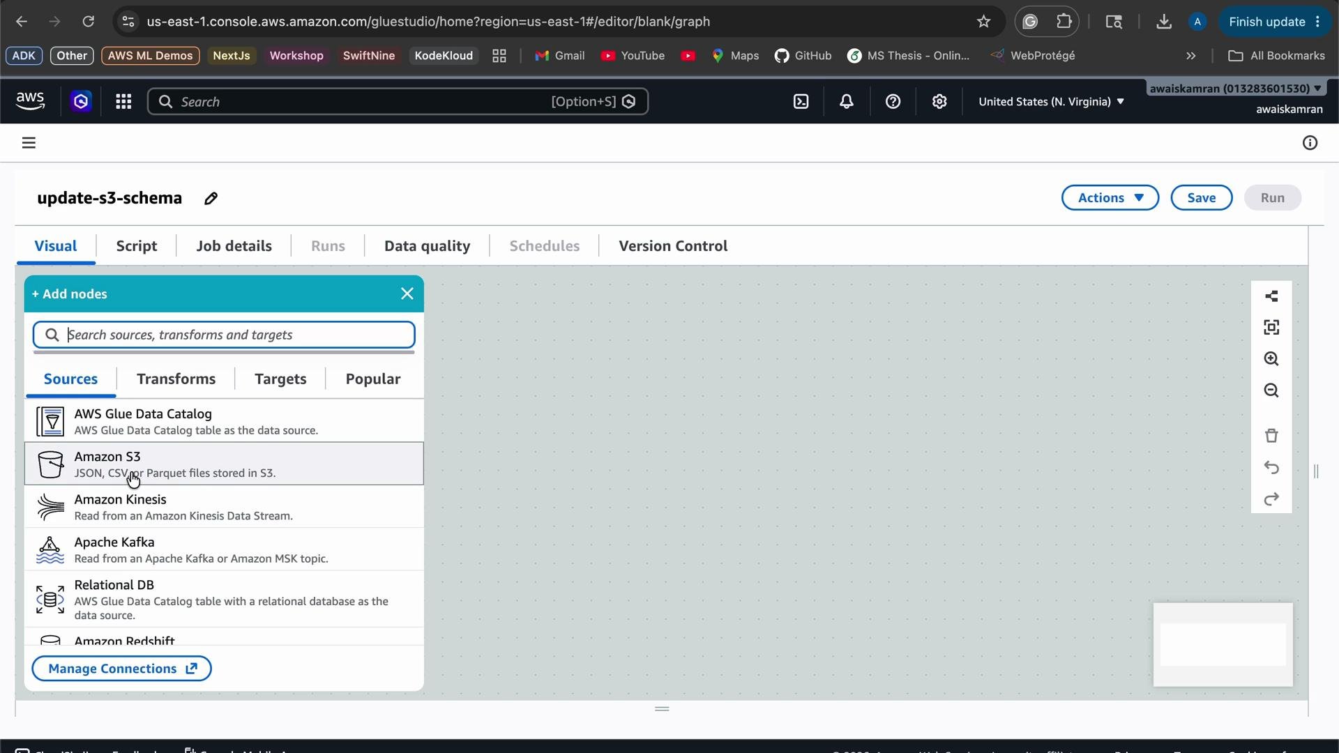 The image shows an AWS Glue Studio interface with options to add data sources, such as AWS Glue Data Catalog, Amazon S3, and others.