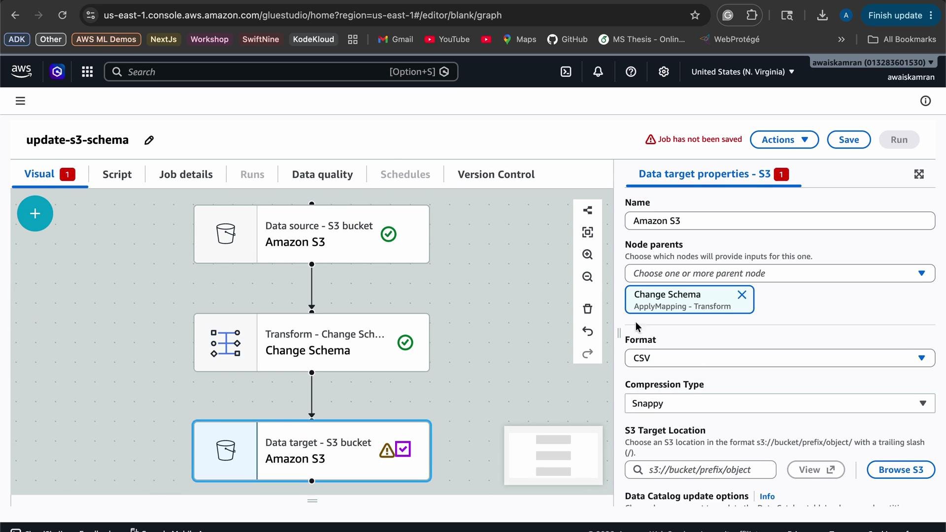 The image shows an AWS Glue Studio interface with a visual job flow. It features connections from an Amazon S3 data source to a transformation node for changing schema and then to a data target, also an S3 bucket, with properties being configured on the right panel.