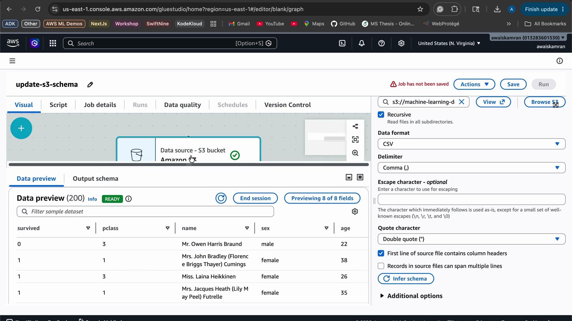 The image shows an AWS Glue Studio interface with a dataset preview from an S3 bucket using CSV format. It includes a data table with columns like "survived," "pclass," "name," "sex," and "age."
