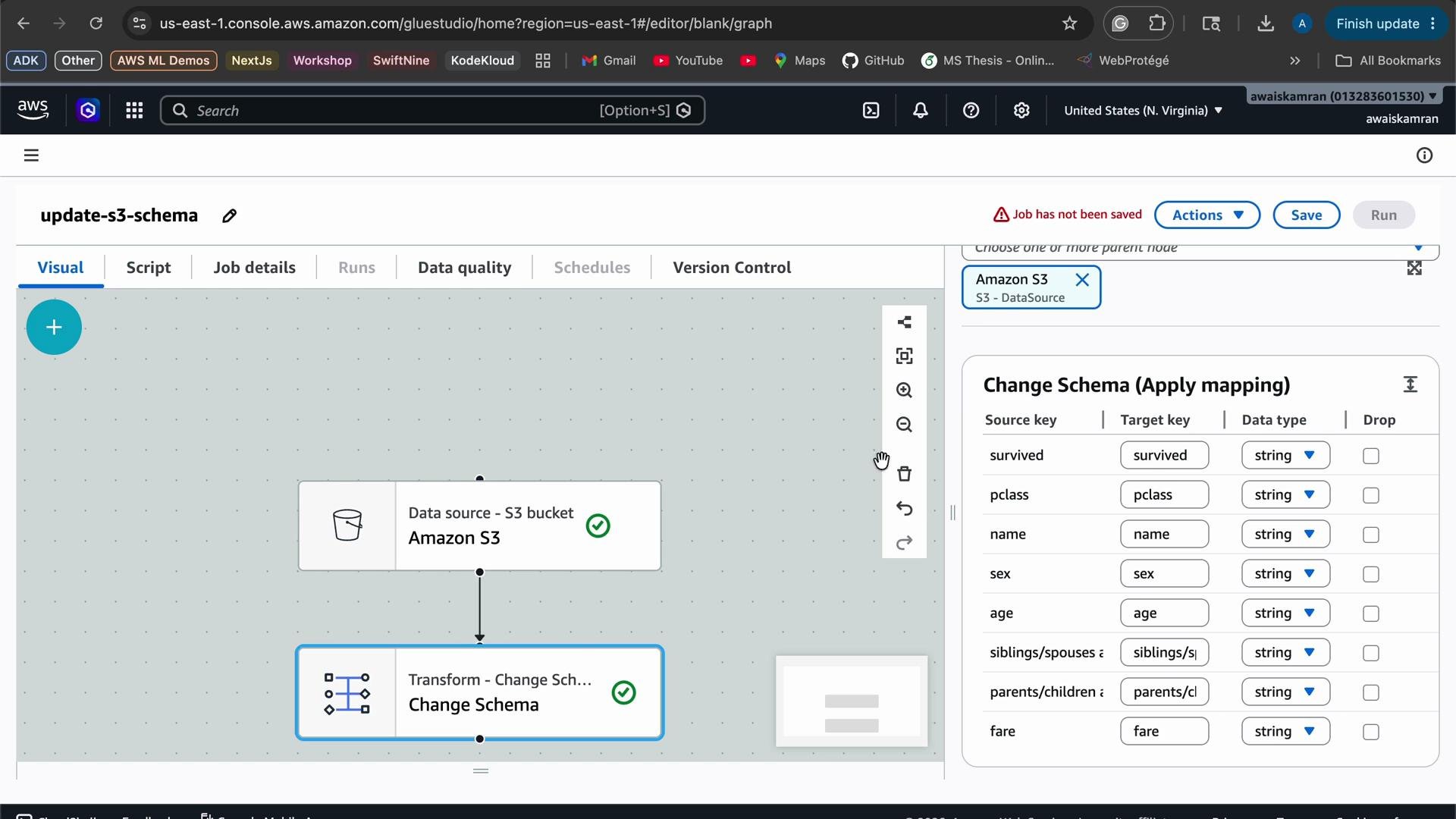 The image shows an AWS Glue Studio interface, displaying a visual workflow with a data source from an Amazon S3 bucket and a transformation for schema change. There is a panel on the right for applying schema mappings with source keys, target keys, data types, and drop options.