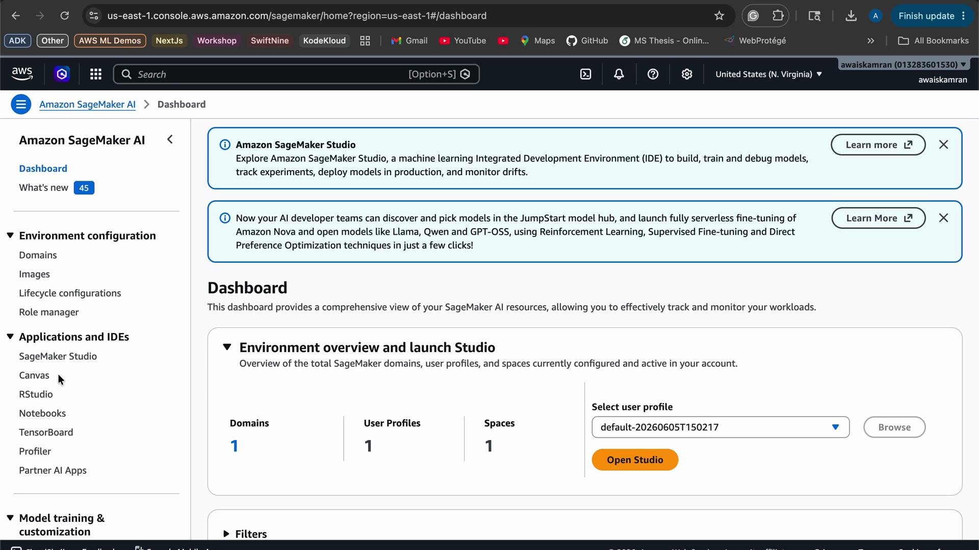 The image shows the Amazon SageMaker AI Dashboard interface with options for environment configuration, applications, and model training. It includes sections for SageMaker Studio access and user profile selection.