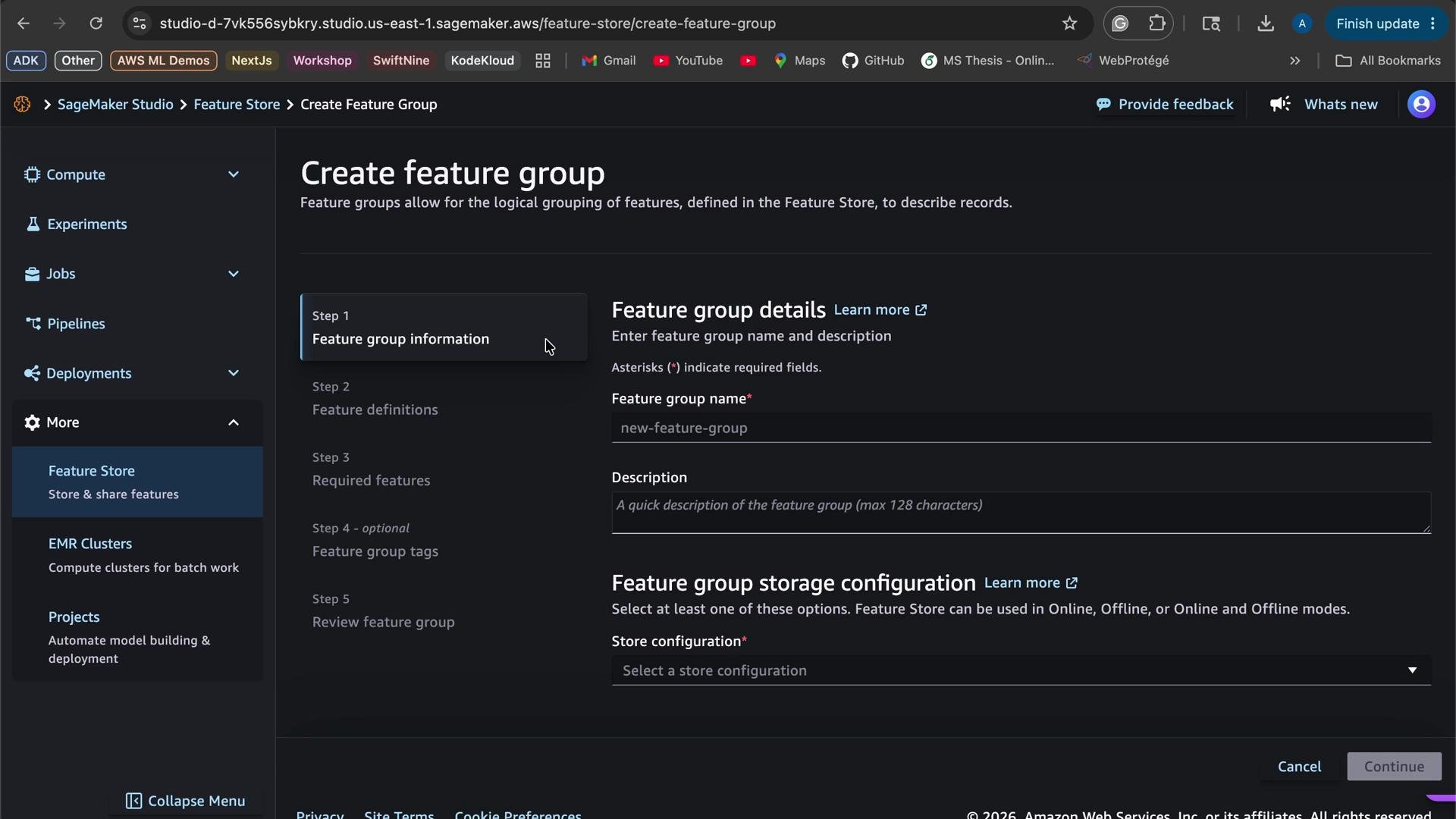 The image shows a screenshot of Amazon SageMaker Studio's interface for creating a feature group in the Feature Store. It displays fields to enter details like the feature group name, description, and storage configuration options.