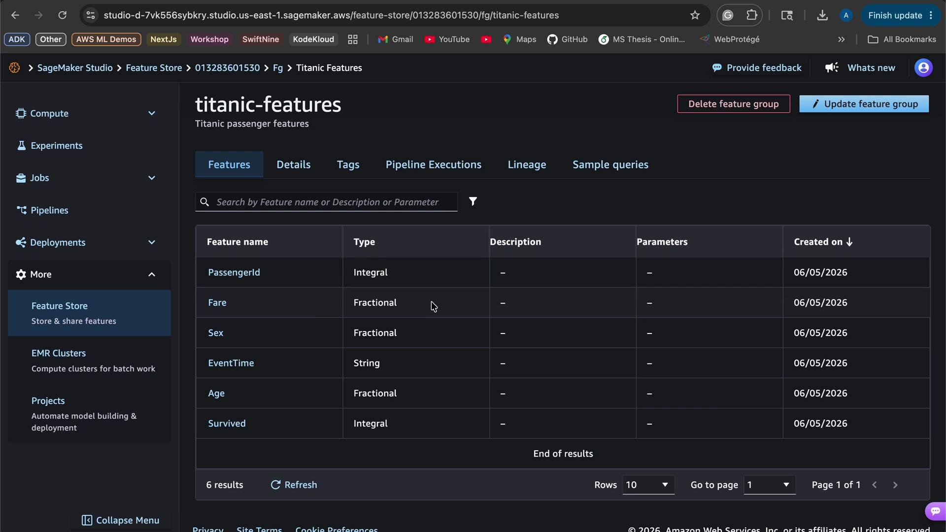 The image shows a user interface from AWS SageMaker Studio Feature Store, listing various Titanic passenger features such as PassengerId, Fare, Sex, EventTime, Age, and Survived along with their data types.