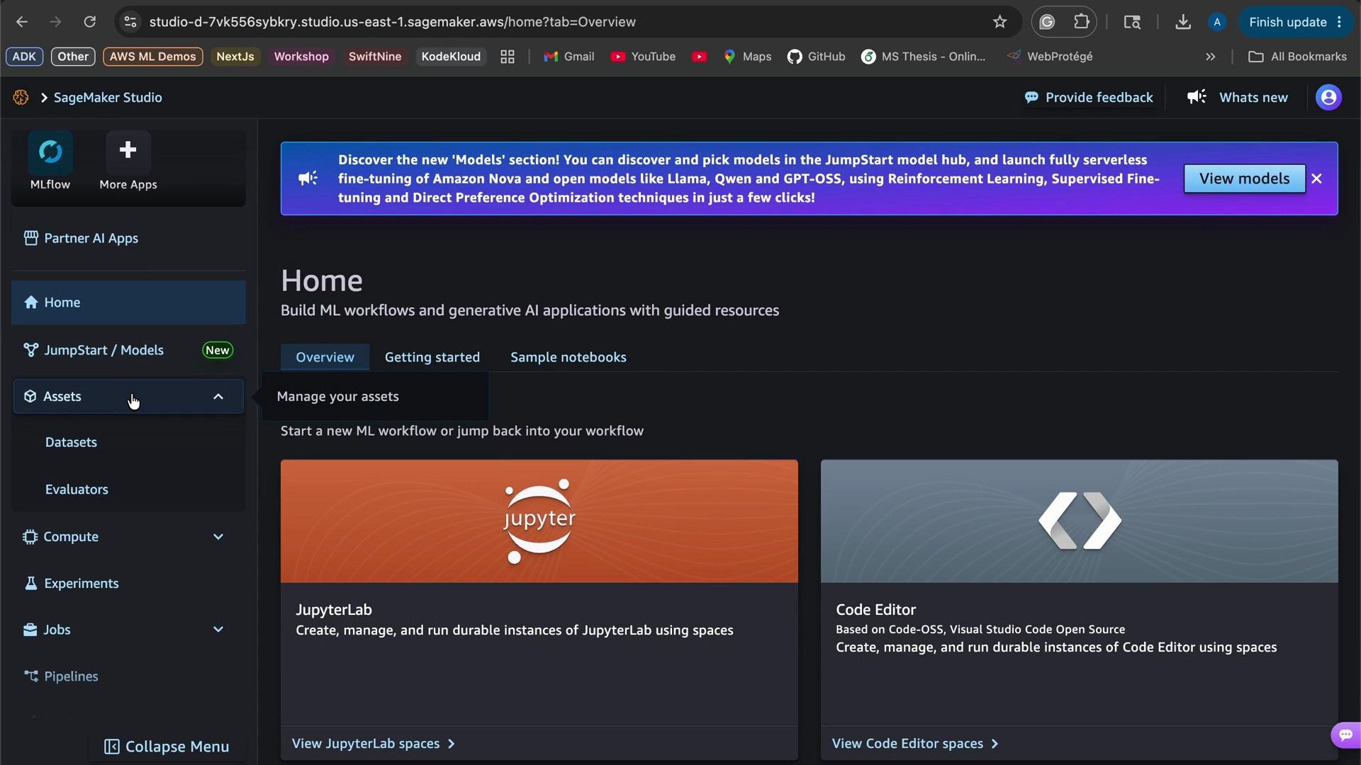 The image shows the home page of AWS SageMaker Studio, highlighting options to use JupyterLab and a Code Editor for managing machine learning workflows.