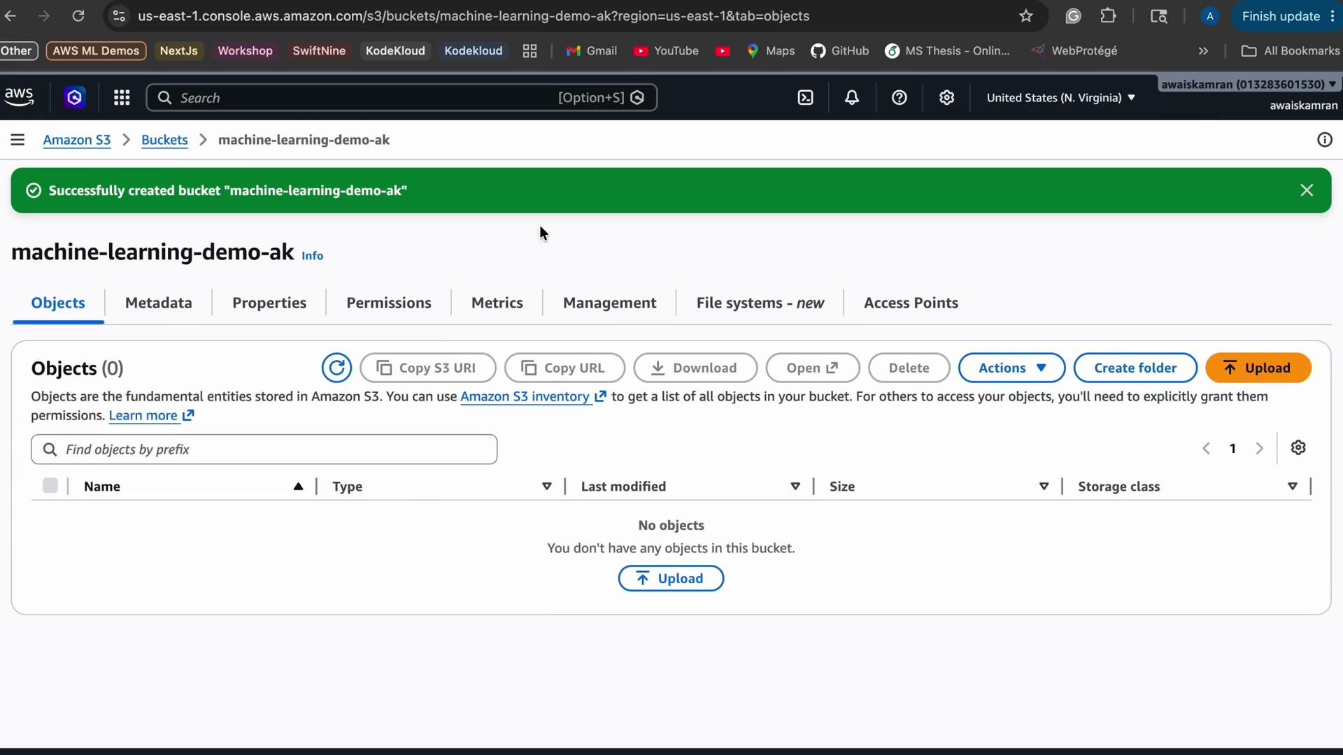 The image shows an Amazon S3 console with a newly created bucket named "machine-learning-demo-ak" which currently contains no objects. There are options to upload files, create folders, and various actions available.