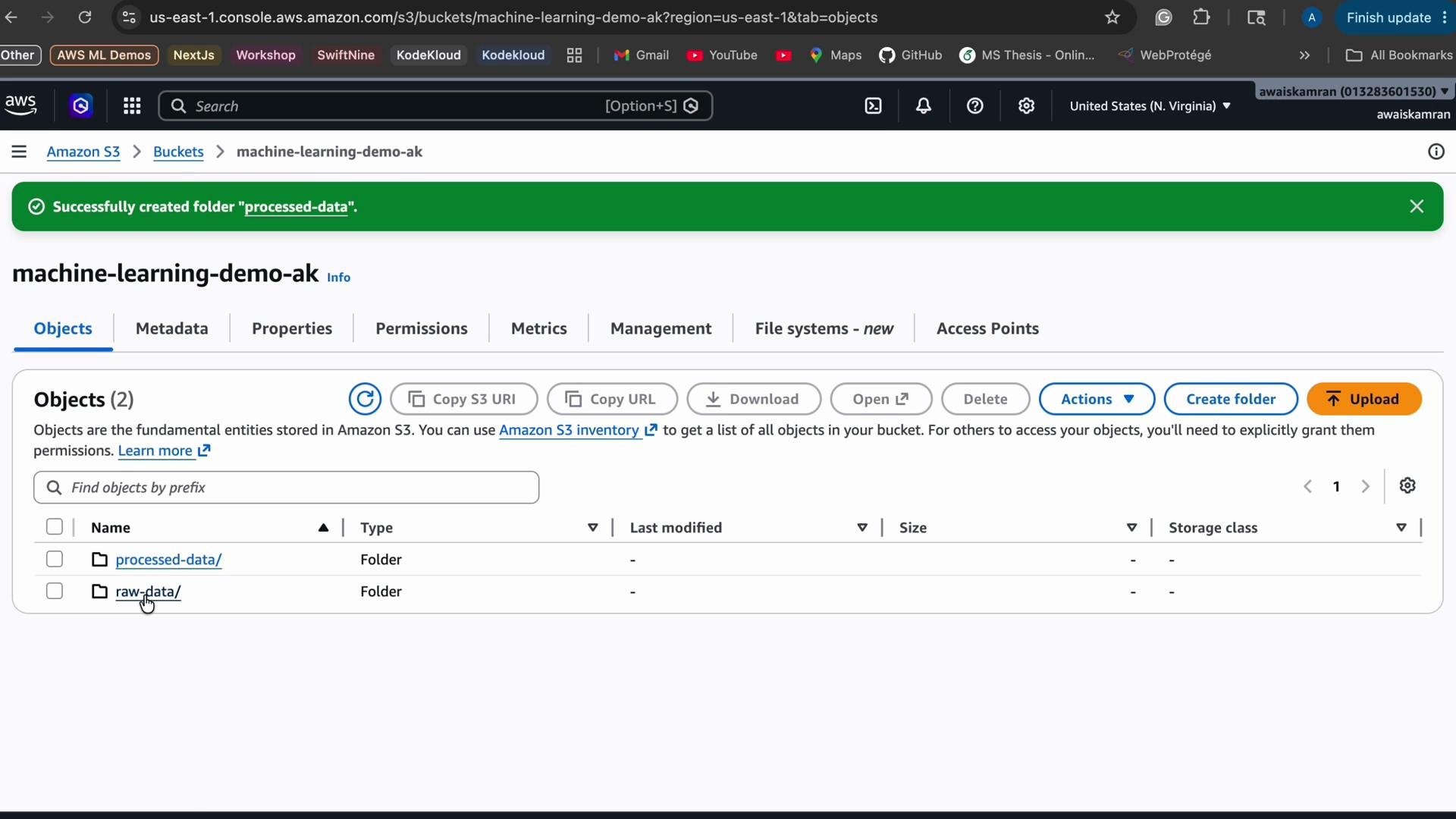 The image shows an Amazon S3 console displaying a bucket named "machine-learning-demo-ak" with two folders: "processed-data" and "raw-data." A notification indicates the successful creation of the "processed-data" folder.