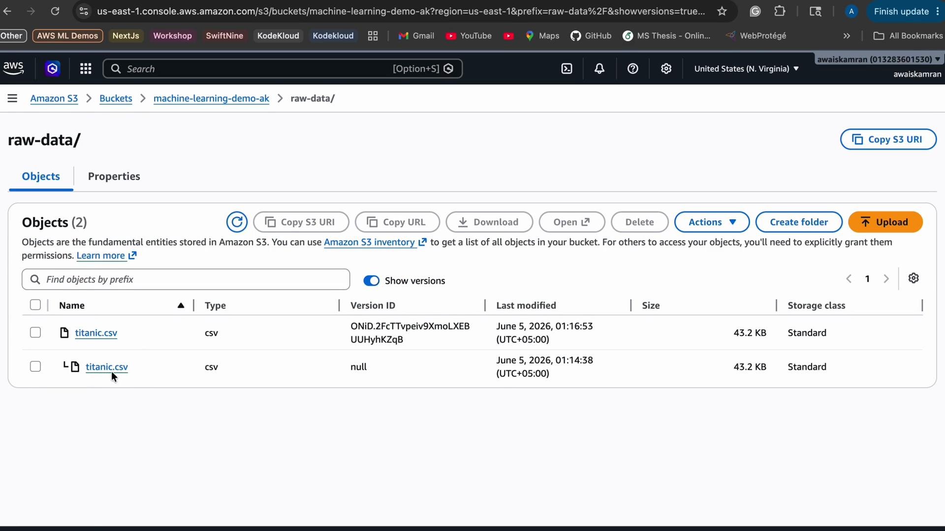 The image shows an Amazon S3 console interface displaying two versions of a file named "titanic.csv" in the "raw-data/" bucket, with details like size, date modified, and storage class.