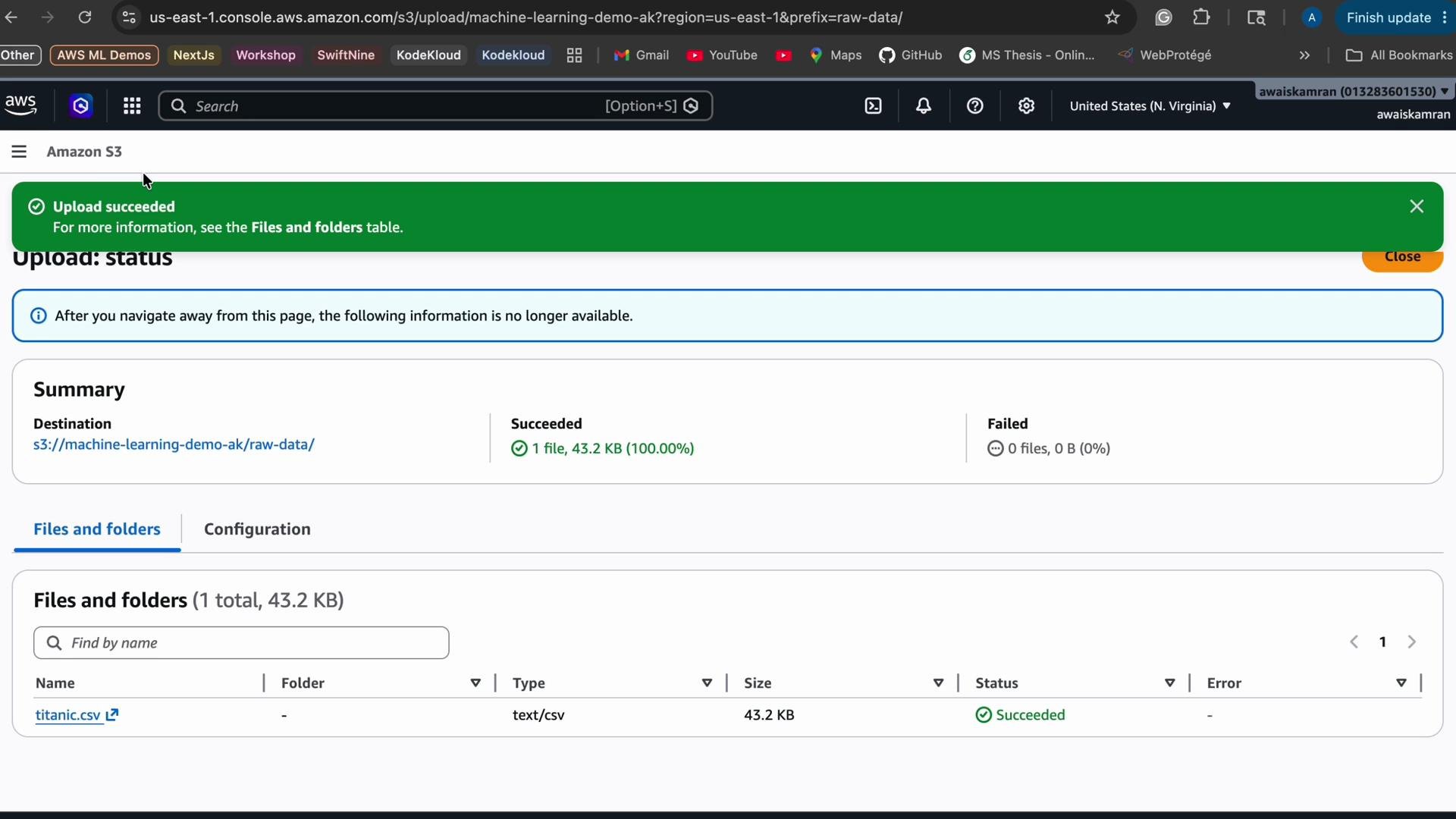 The image shows a successful file upload in the Amazon S3 console, detailing the upload of a file named "titanic.csv" with a size of 43.2 KB.