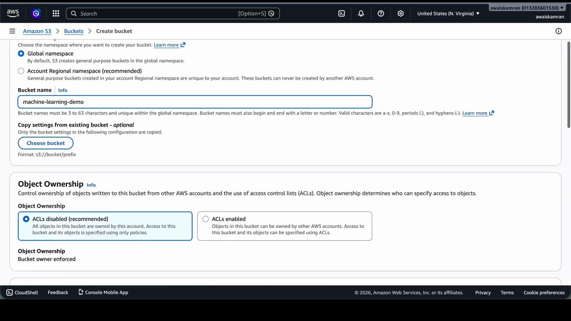 The image shows an AWS S3 console interface where a user is creating a bucket named "machine-learning-demo" with object ownership set to disable ACLs.