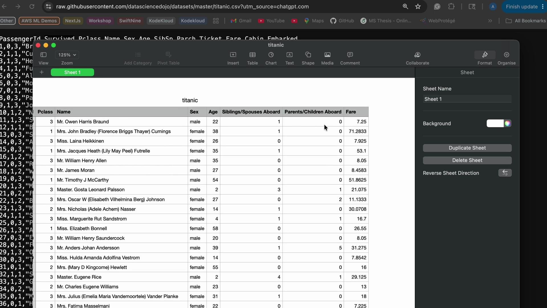 The image shows a spreadsheet containing data about Titanic passengers, including details like class, name, sex, age, family aboard, and fare.