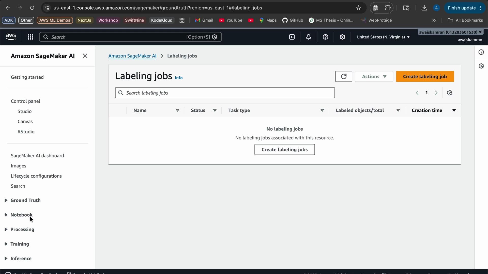 The image shows an Amazon SageMaker AI dashboard with a "Labeling jobs" tab open, indicating no existing labeling jobs and offering an option to create one.
