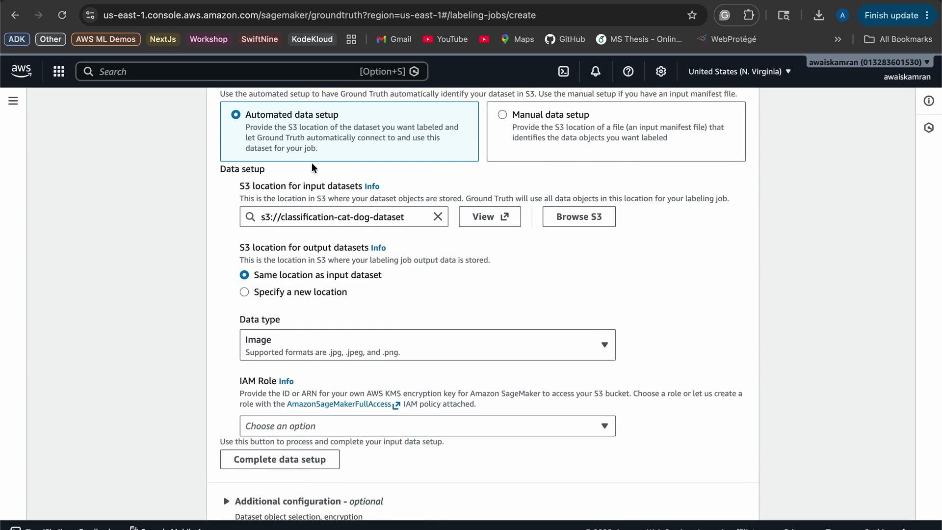The image shows an AWS SageMaker Ground Truth setup screen for creating a labeling job, including options for data setup, S3 locations, and data type selection.