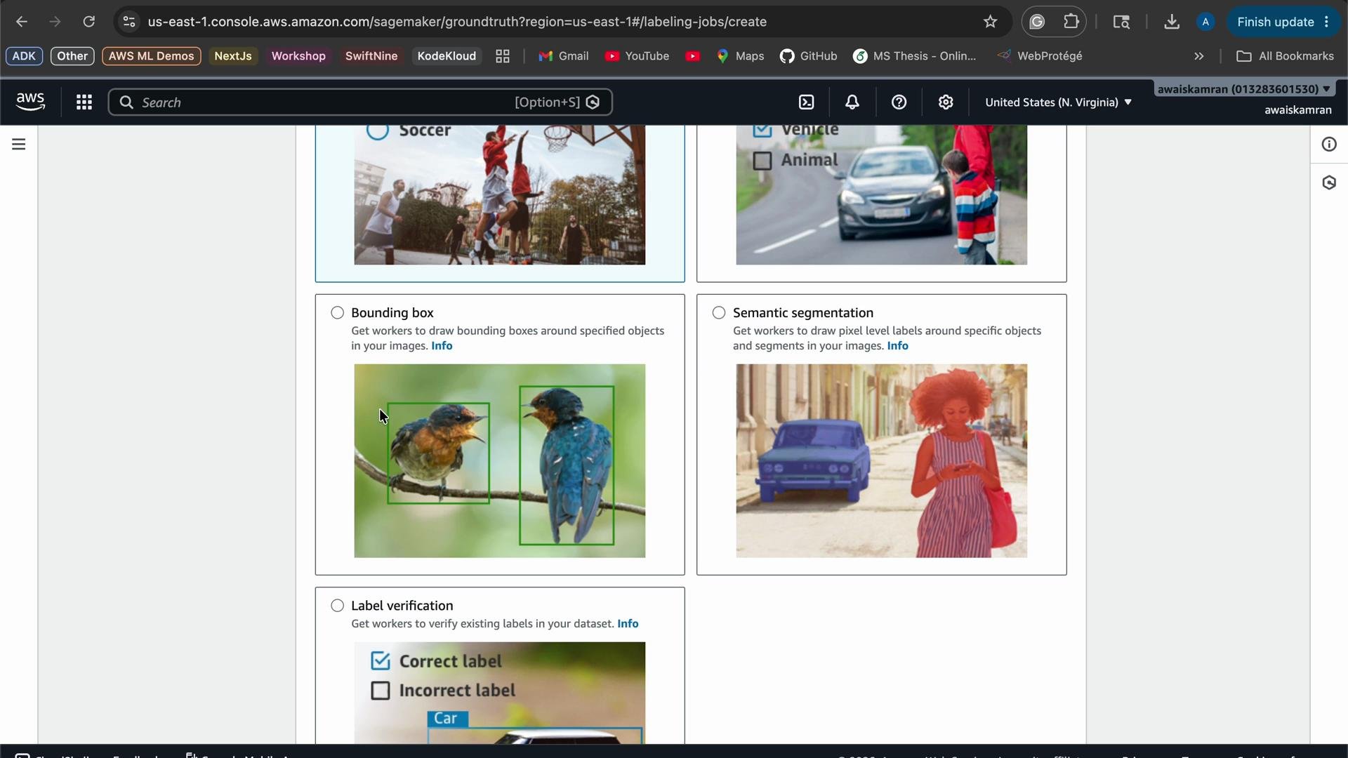 The image shows a screenshot from Amazon SageMaker Ground Truth, displaying options for labeling jobs, including bounding boxes for birds and semantic segmentation over a car and a person.