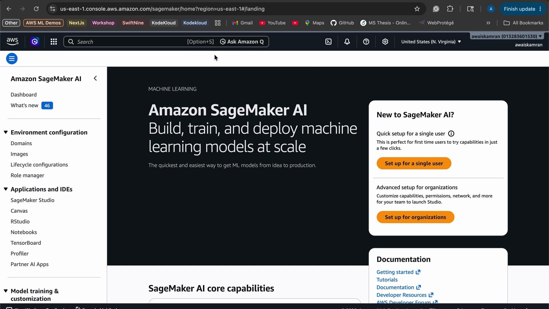 The image shows an Amazon SageMaker AI dashboard webpage, promoting machine learning model building, training, and deployment at scale with setup options and documentation links.