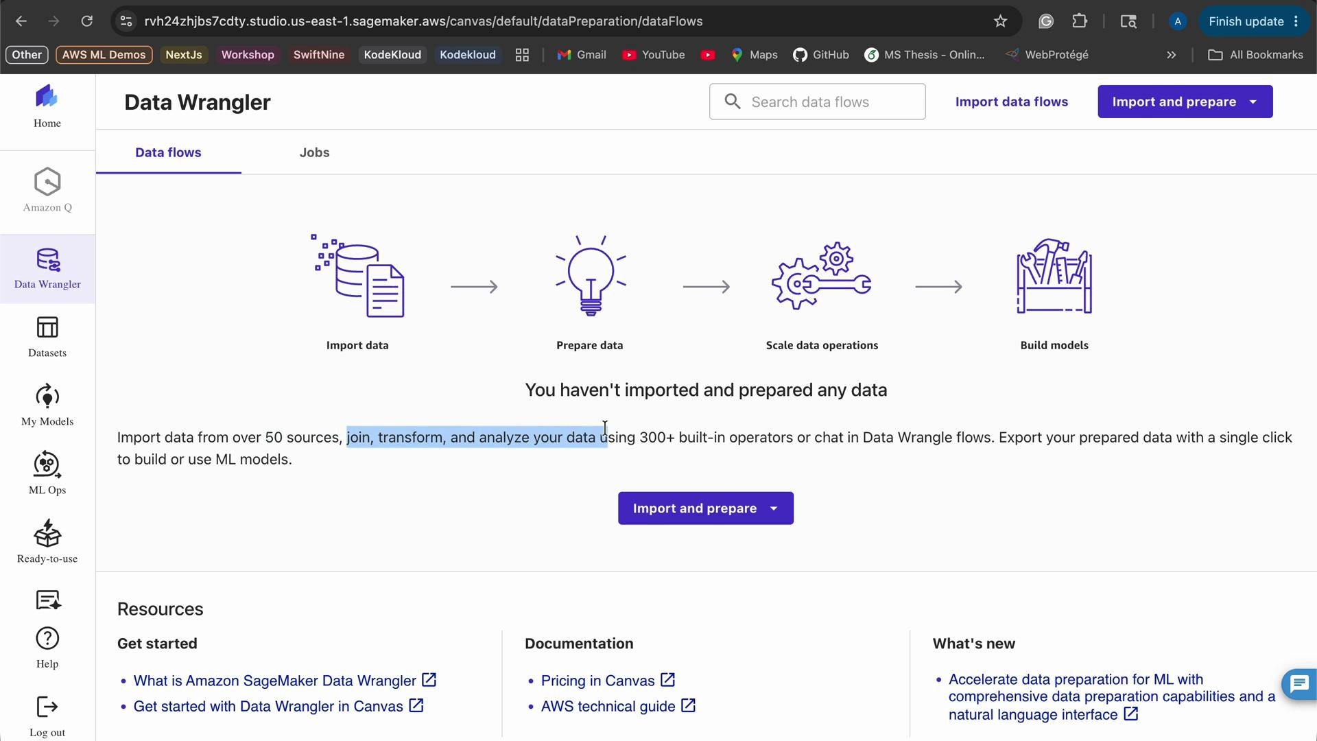 The image shows the interface of Amazon SageMaker Data Wrangler, highlighting steps for importing, preparing, and analyzing data with options such as "Import and prepare." There are icons illustrating the data processing workflow and resources for getting started.