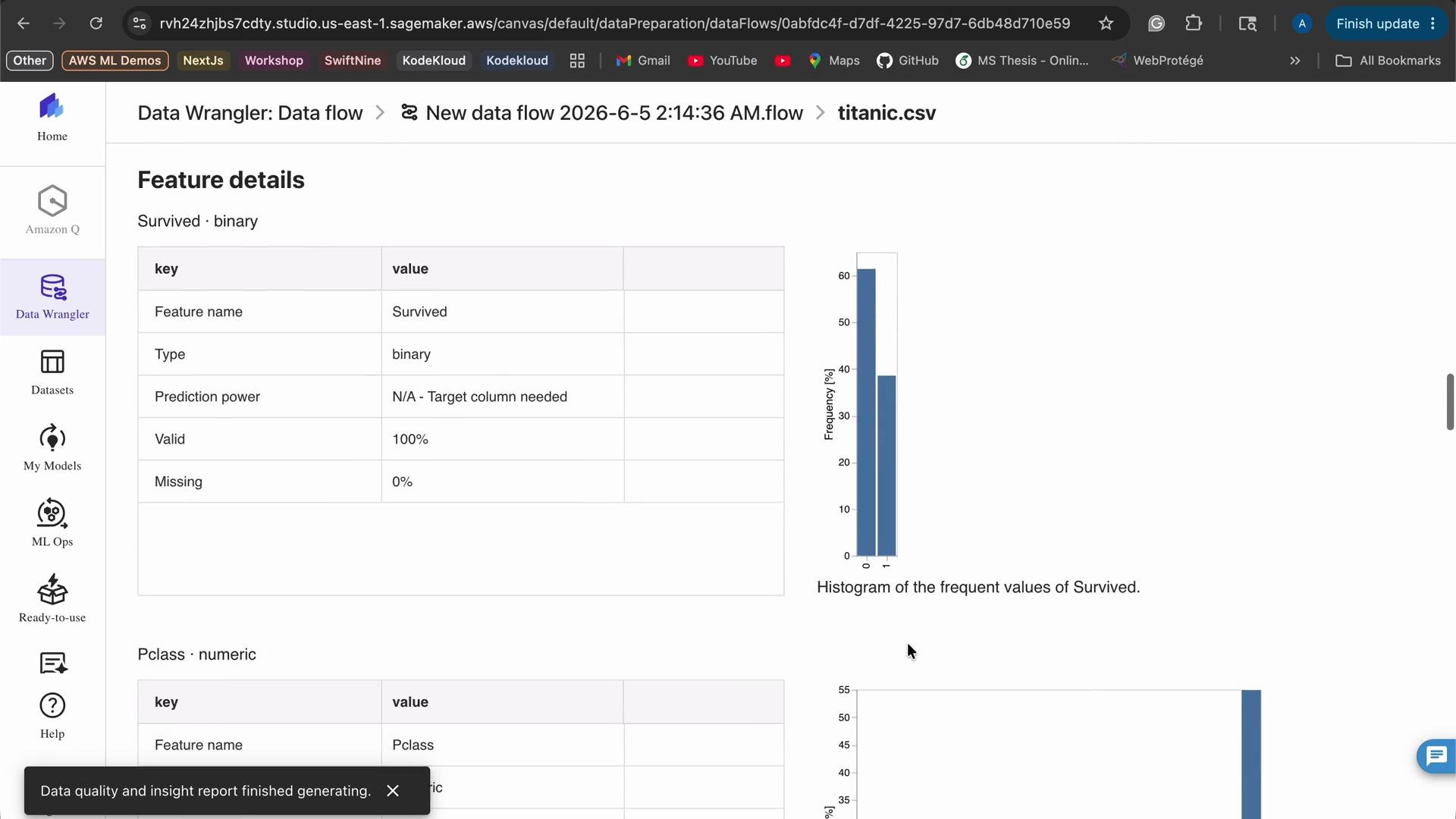 The image shows a data analysis interface from AWS Data Wrangler featuring details about a binary feature named "Survived," including its type, validity, and missing data percentage, alongside a histogram displaying the frequency of the feature's values.