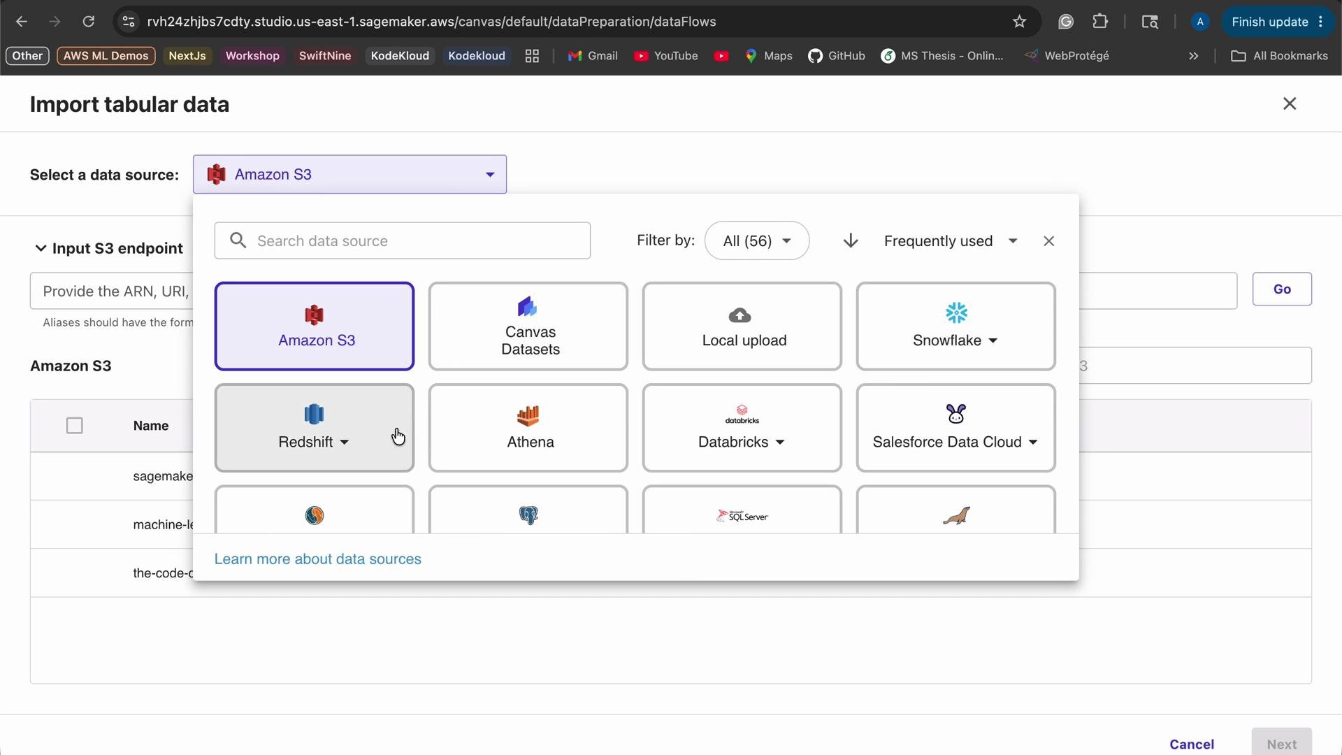 The image shows a data source selection interface for importing tabular data, with options like Amazon S3, Redshift, Canvas Datasets, and others. The interface is part of an AWS SageMaker session.