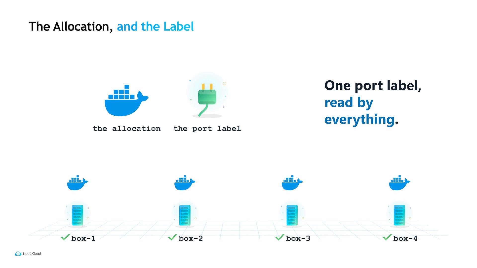 A presentation slide showing a Docker whale icon and a plug icon labeled "the allocation" and "the port label," with the caption "One port label, read by everything." Below are four columns with server icons and checkmarked labels "box-1" through "box-4."