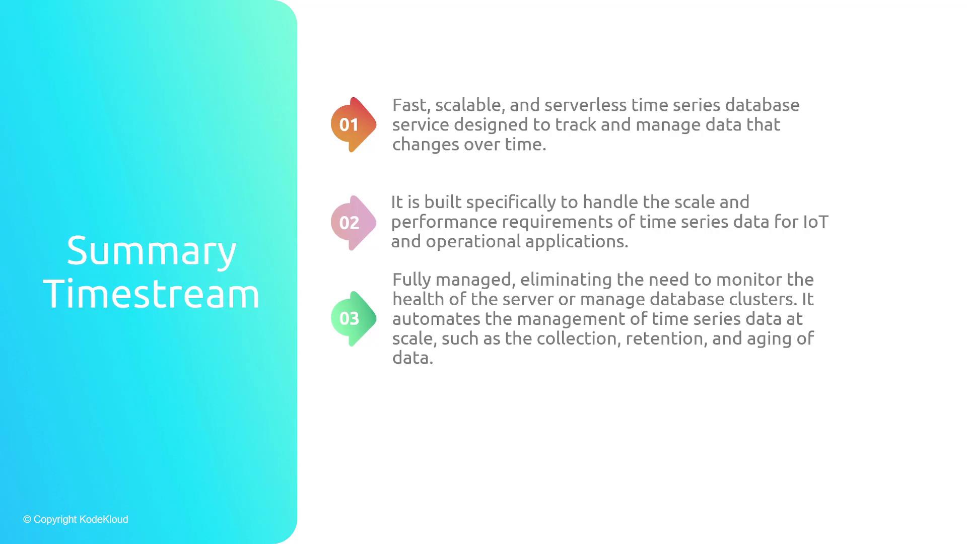 A presentation slide titled "Summary Timestream" with a turquoise left panel and three colorful numbered bullets on the right. The bullets summarize a fast, scalable serverless time-series database built for IoT/operational use and fully managed features like automated collection, retention, and aging of data.