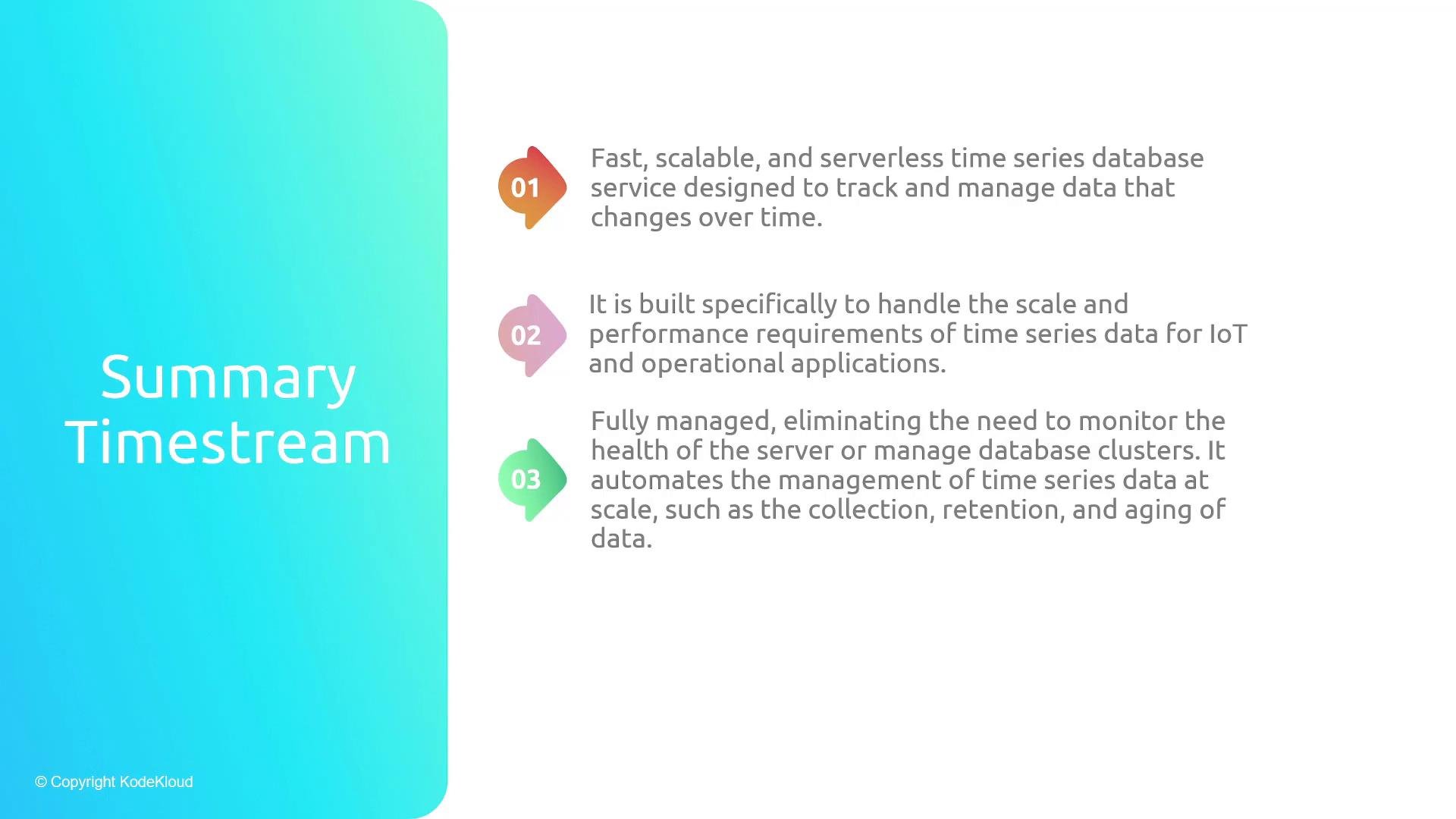 A presentation slide titled "Summary Timestream" with a turquoise left panel and three colorful numbered bullets on the right. The bullets summarize a fast, scalable serverless time-series database built for IoT/operational use and fully managed features like automated collection, retention, and aging of data.