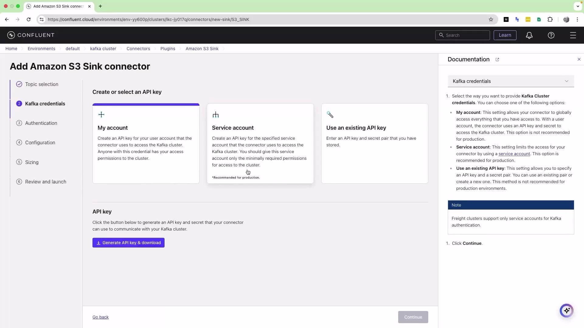 The image shows a web interface for adding an Amazon S3 Sink connector, focusing on selecting Kafka credentials. It includes options for creating or selecting an API key, and a "Generate API key & download" button.