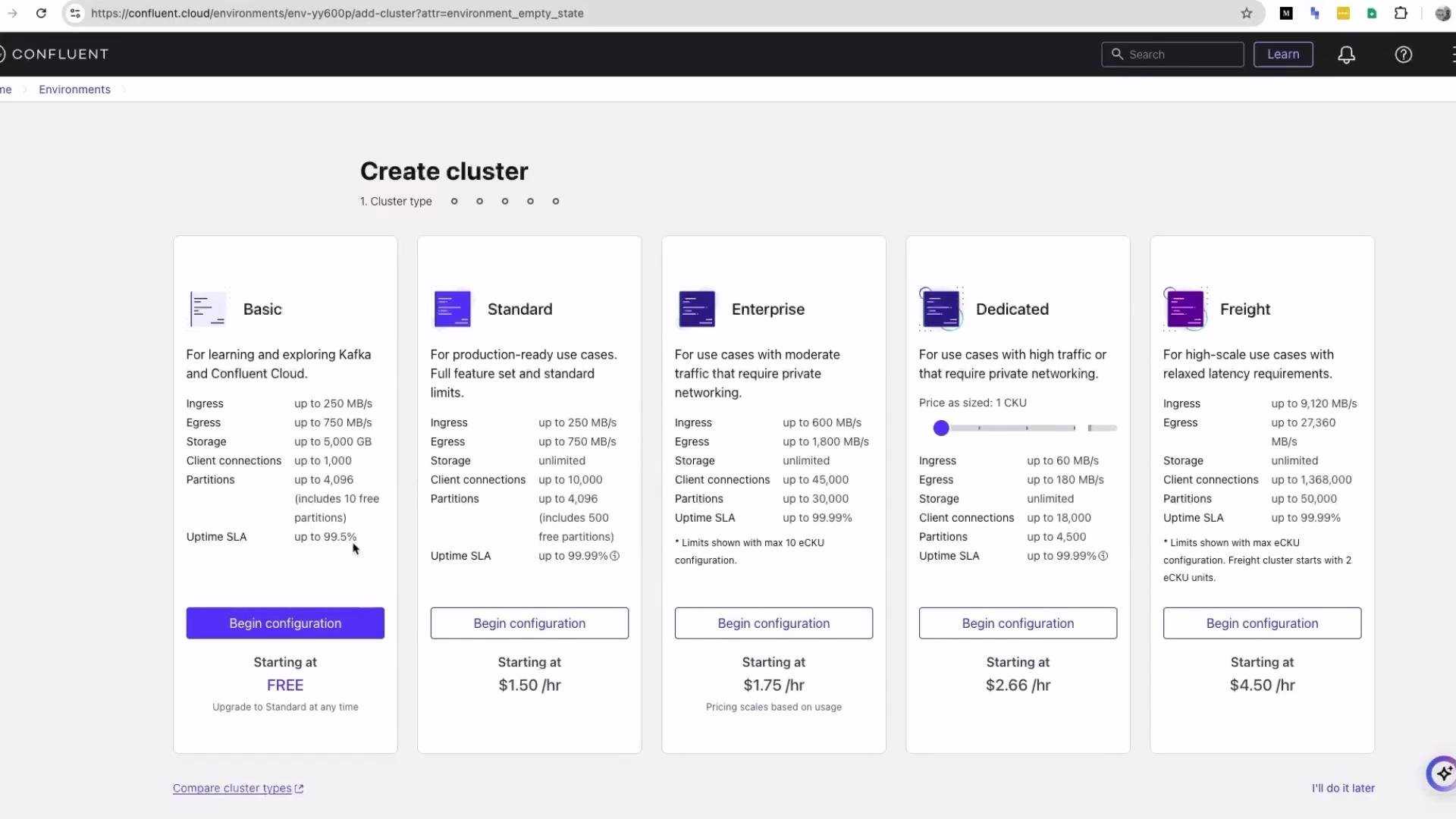 The image is a webpage from Confluent Cloud displaying options for creating a cluster, with various plans such as Basic, Standard, Enterprise, Dedicated, and Freight, each offering different specifications and pricing.