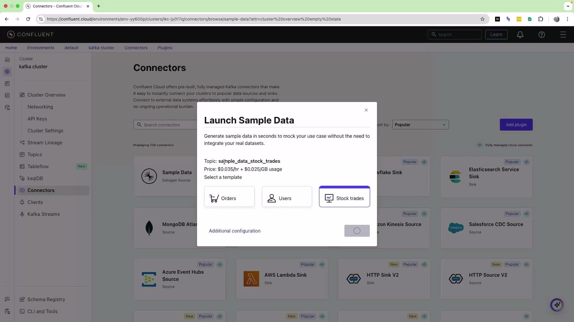 The image shows a Confluent Cloud interface, specifically the "Connectors" section, with a popup for launching sample data related to stock trades.